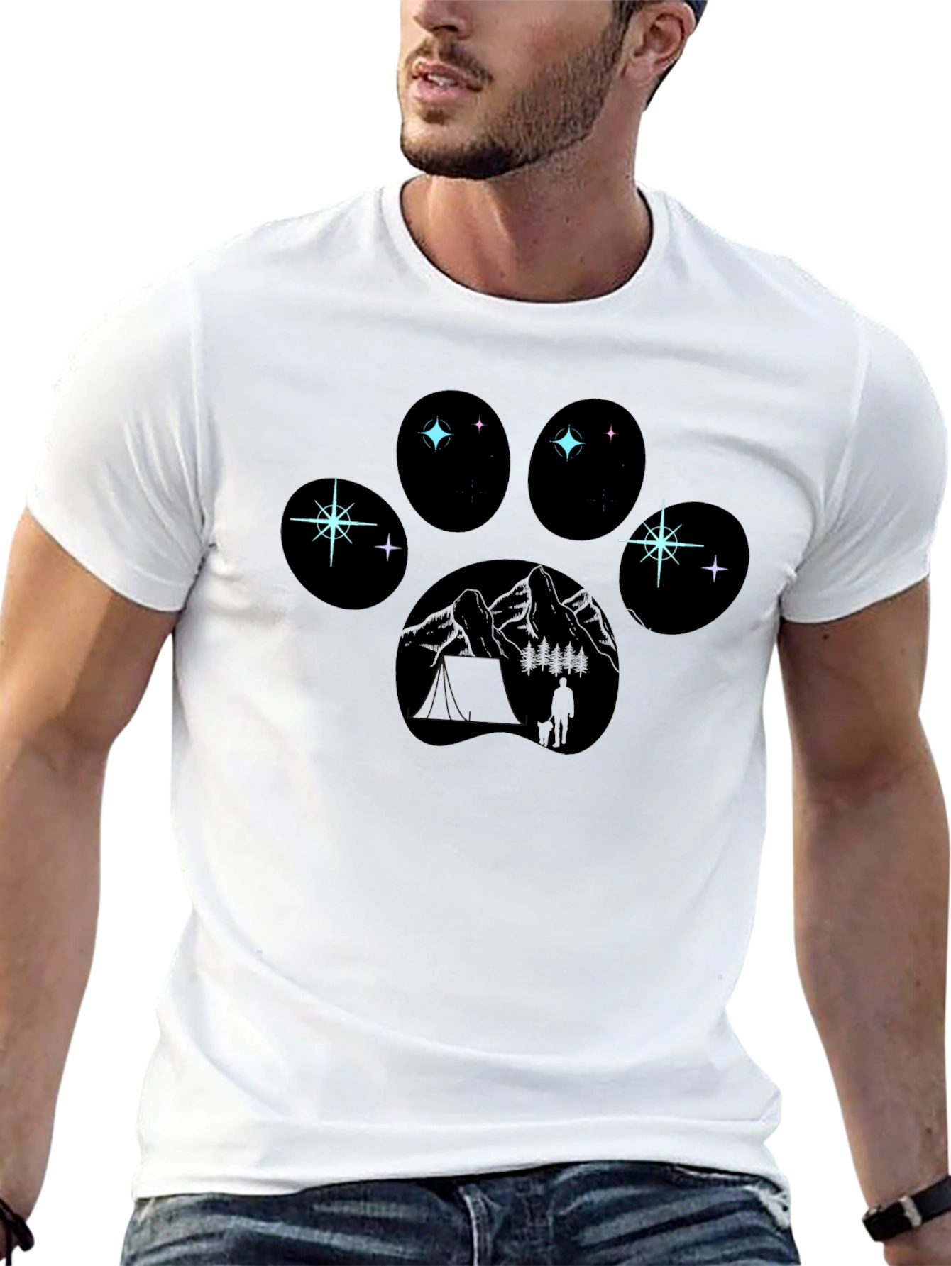 Paw Print Camping T-Shirt - Adventure Under the Stars
