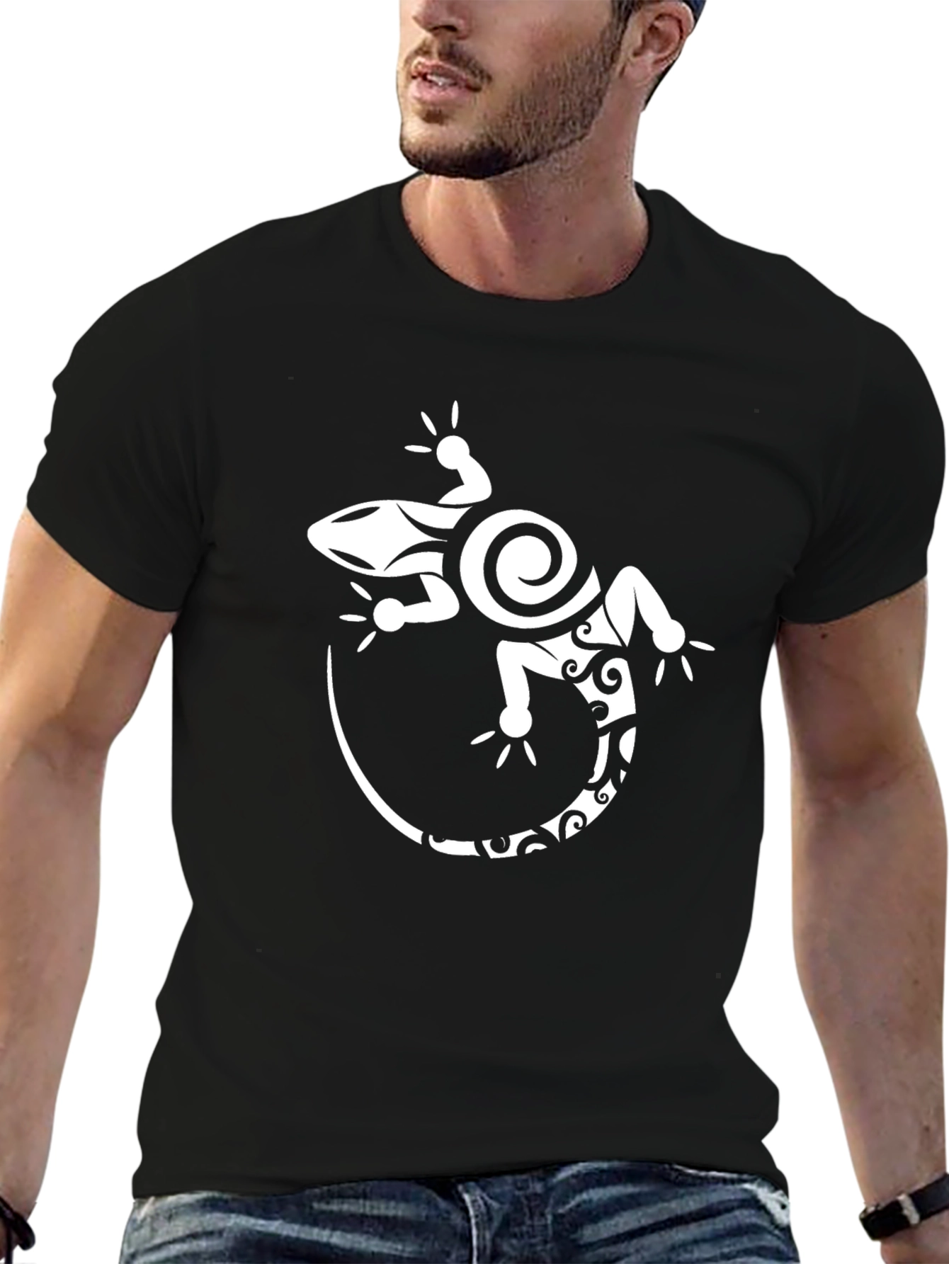Tribal Gecko Graphic T-Shirt - Black