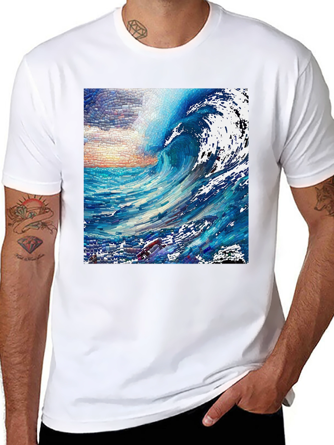Ocean Wave Mosaic Graphic Tee - Unique Art T-Shirt