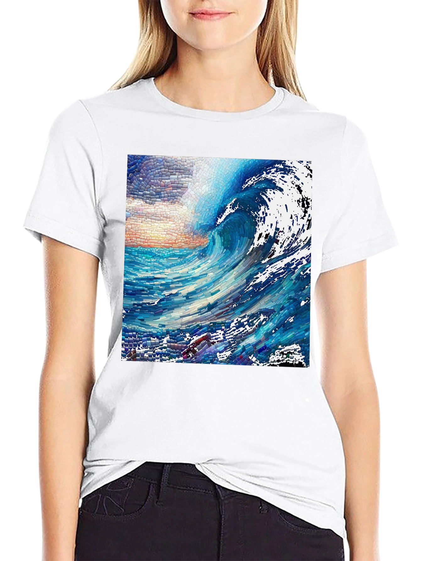 Ocean Wave Mosaic Graphic Tee - Unique Art T-Shirt