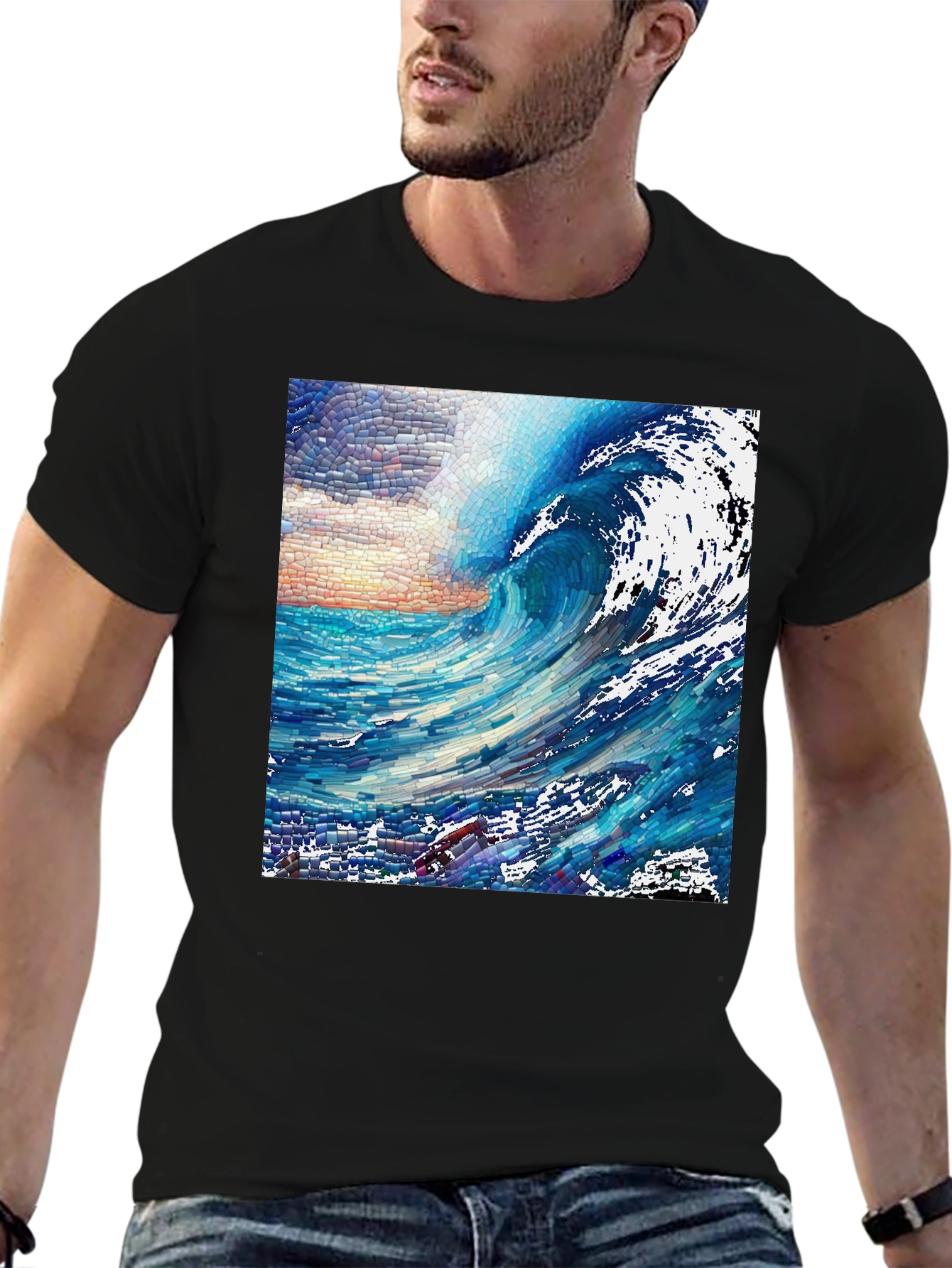 Ocean Wave Mosaic Graphic Tee - Unique Art T-Shirt