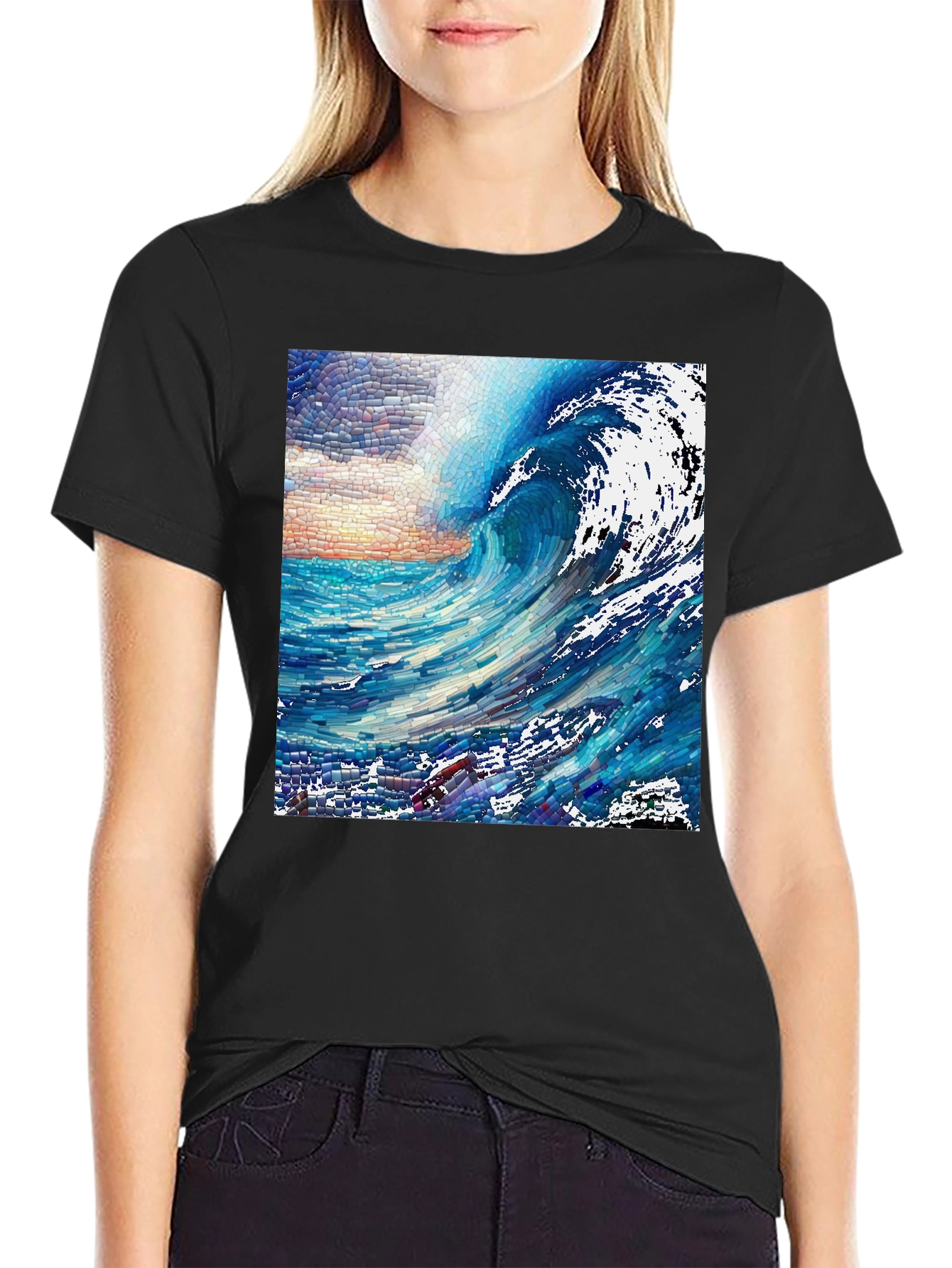 Ocean Wave Mosaic Graphic Tee - Unique Art T-Shirt