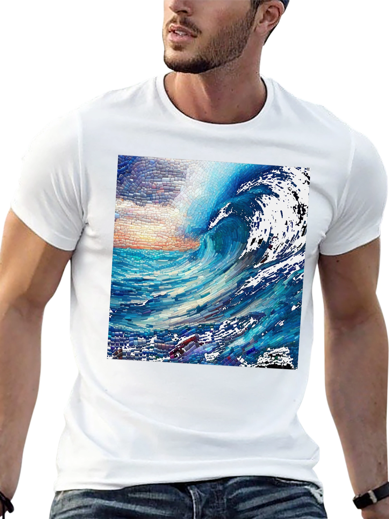 Ocean Wave Mosaic Graphic Tee - Unique Art T-Shirt