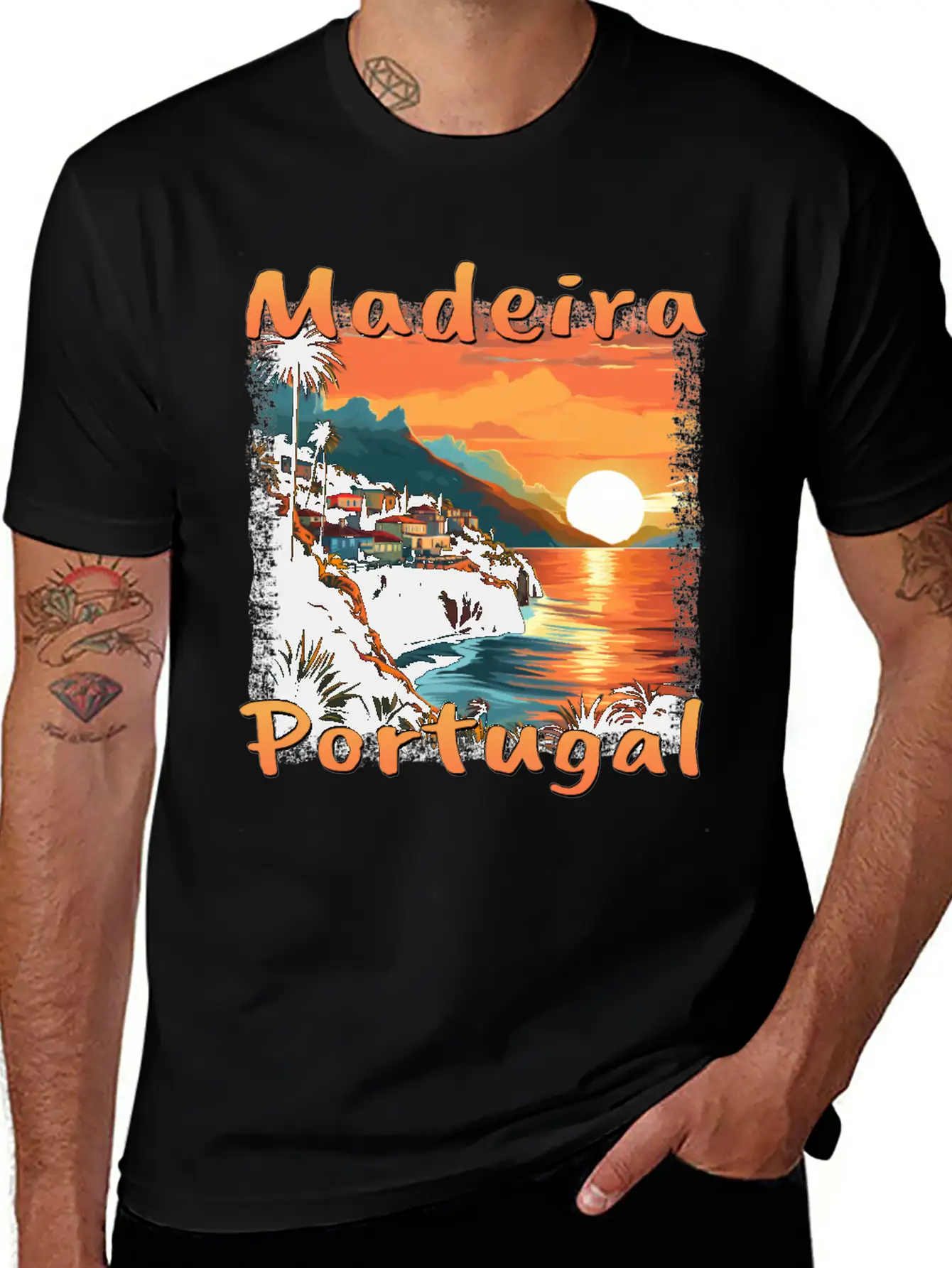 Madeira Portugal Vacation Sunset Grunge Warm Unisex Short Sleeve Soft Cotton T-Shirt – Casual Everyday Wear