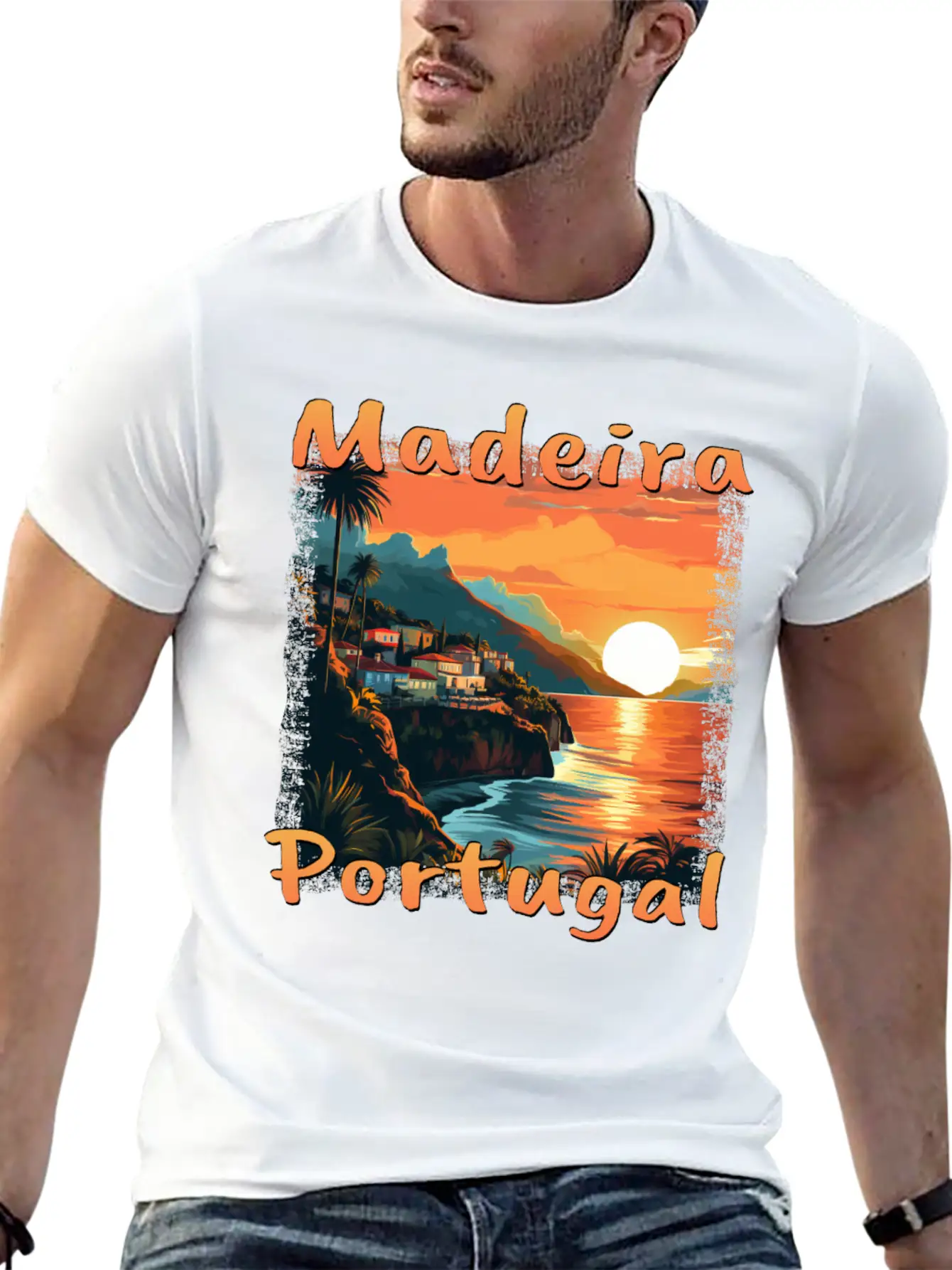 Madeira Portugal Vacation Sunset Grunge Warm Unisex Short Sleeve Soft Cotton T-Shirt – Casual Everyday Wear