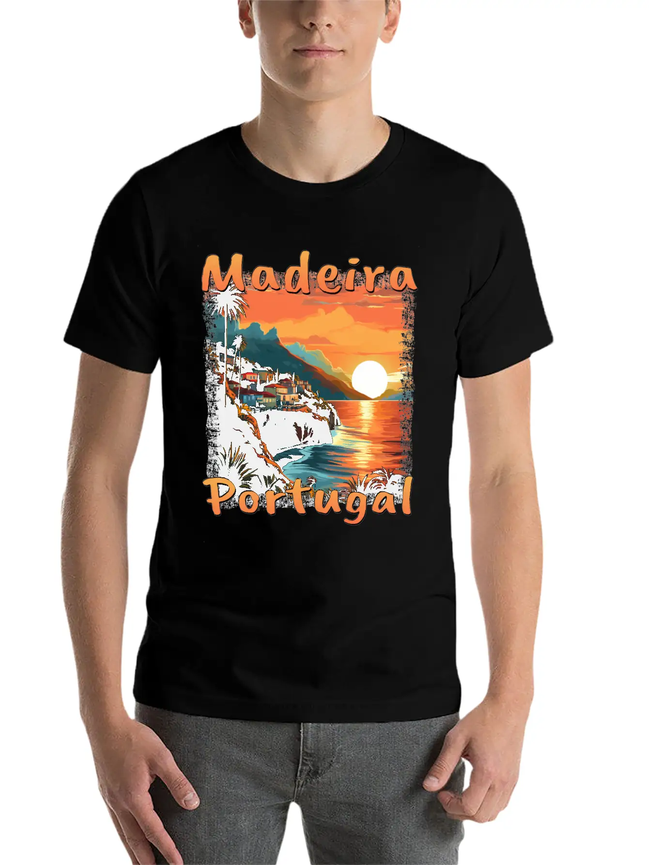 Madeira Portugal Vacation Sunset Grunge Warm Unisex Short Sleeve Soft Cotton T-Shirt – Casual Everyday Wear