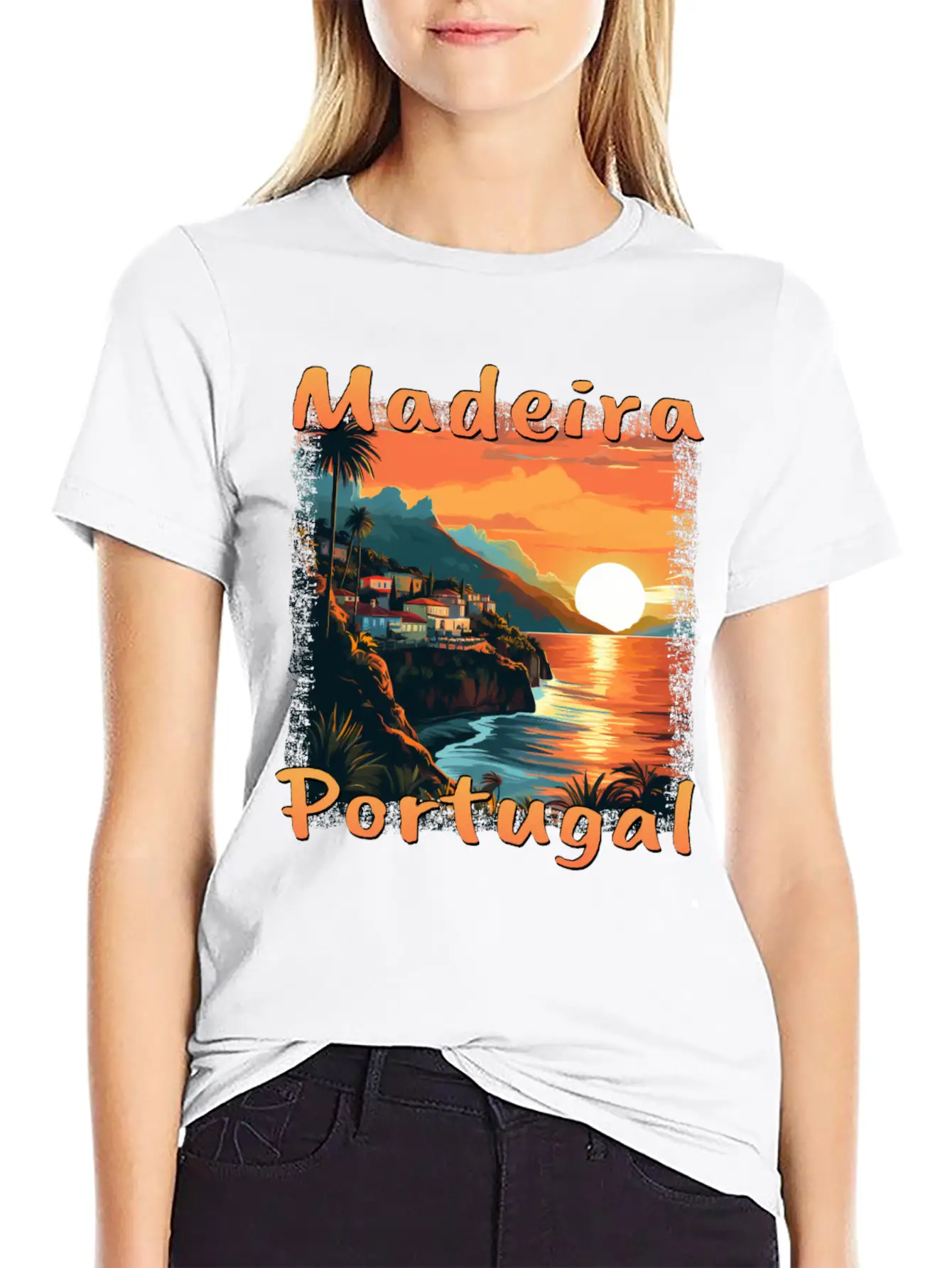 Madeira Portugal Vacation Sunset Grunge Warm Unisex Short Sleeve Soft Cotton T-Shirt – Casual Everyday Wear