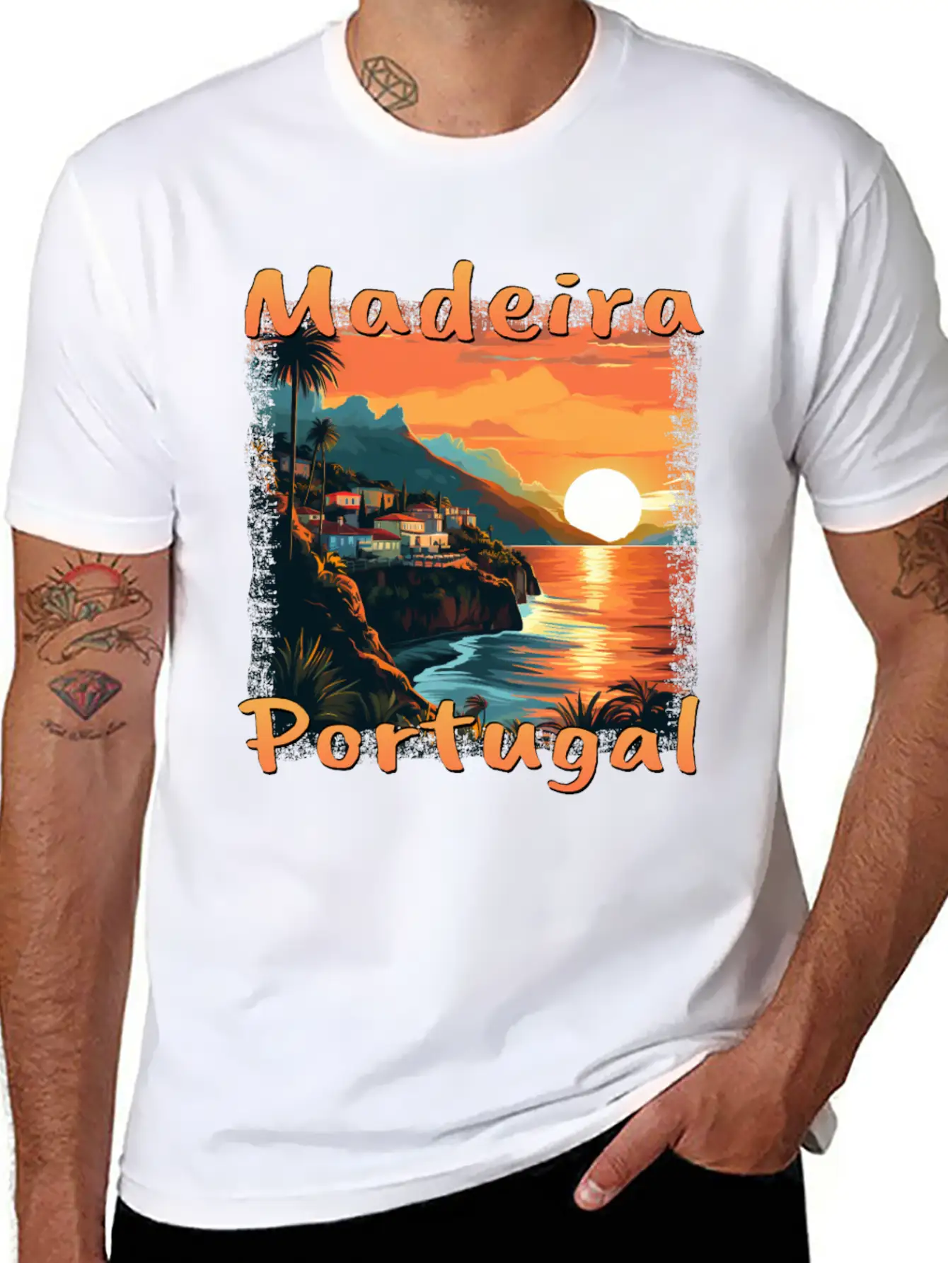 Madeira Portugal Vacation Sunset Grunge Warm Unisex Short Sleeve Soft Cotton T-Shirt – Casual Everyday Wear
