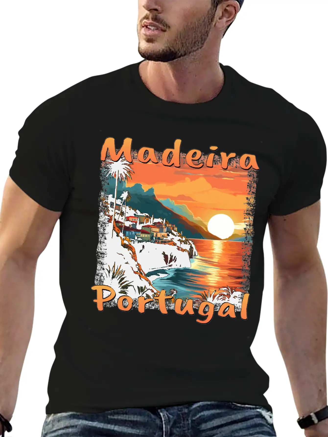 Madeira Portugal Vacation Sunset Grunge Warm Unisex Short Sleeve Soft Cotton T-Shirt – Casual Everyday Wear