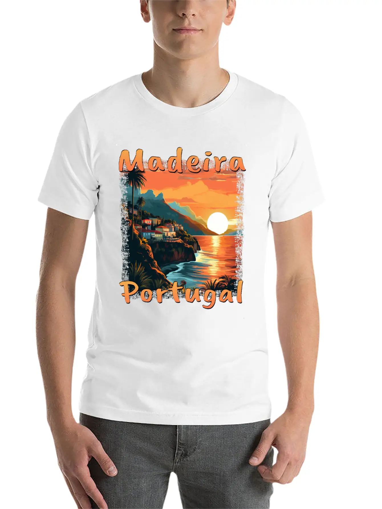 Madeira Portugal Vacation Sunset Grunge Warm Unisex Short Sleeve Soft Cotton T-Shirt – Casual Everyday Wear