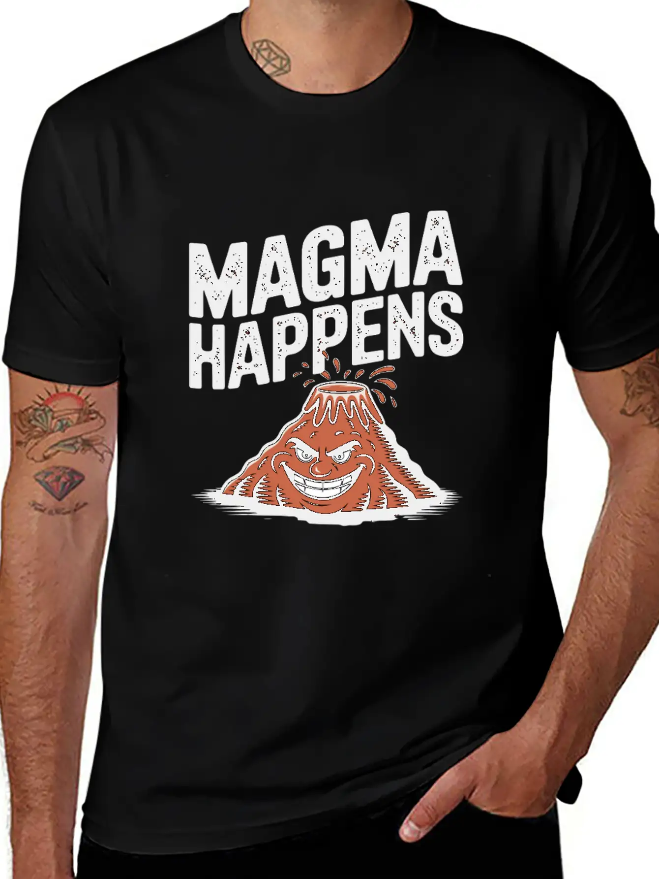 Magma Happens Funny Volcano Cartoon Stylish Everyday T-Shirt – Unisex Basic Cotton Tee