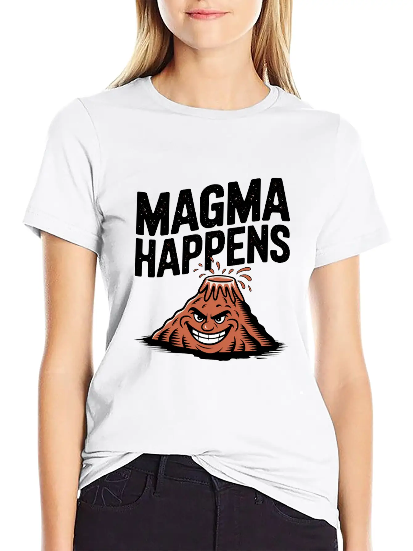 Magma Happens Funny Volcano Cartoon Stylish Everyday T-Shirt – Unisex Basic Cotton Tee