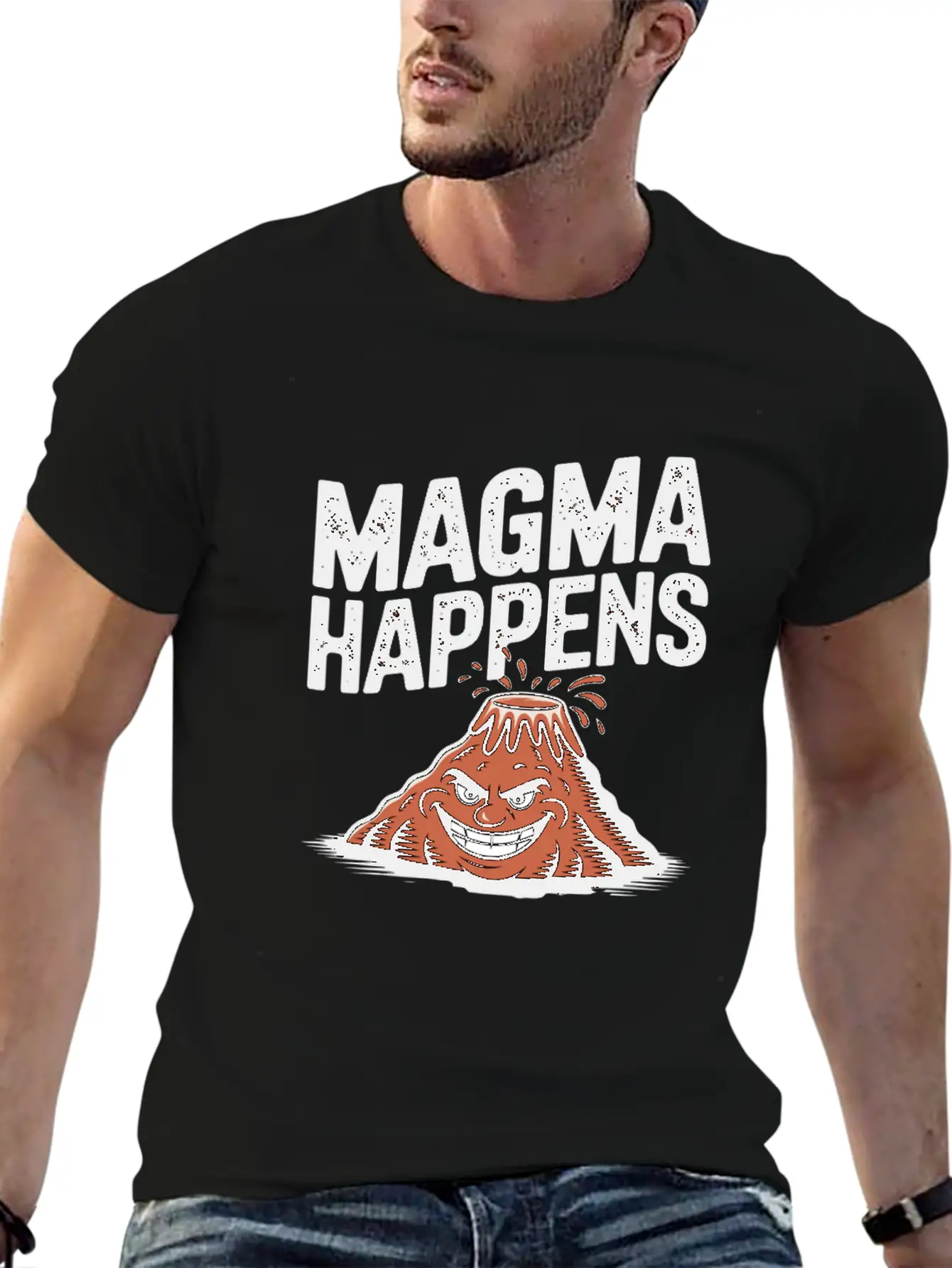 Magma Happens Funny Volcano Cartoon Stylish Everyday T-Shirt – Unisex Basic Cotton Tee