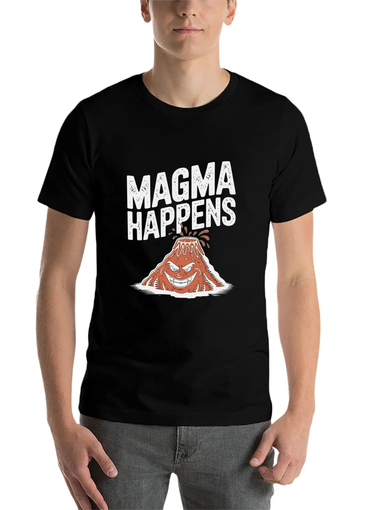 Magma Happens Funny Volcano Cartoon Stylish Everyday T-Shirt – Unisex Basic Cotton Tee