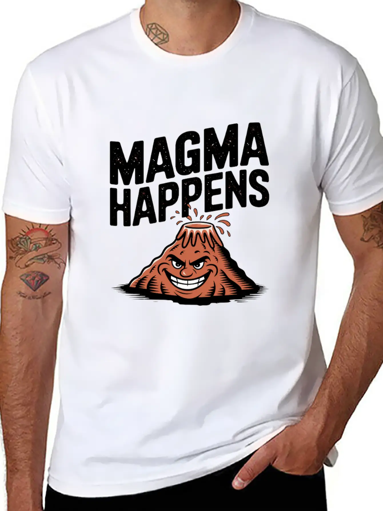 Magma Happens Funny Volcano Cartoon Stylish Everyday T-Shirt – Unisex Basic Cotton Tee
