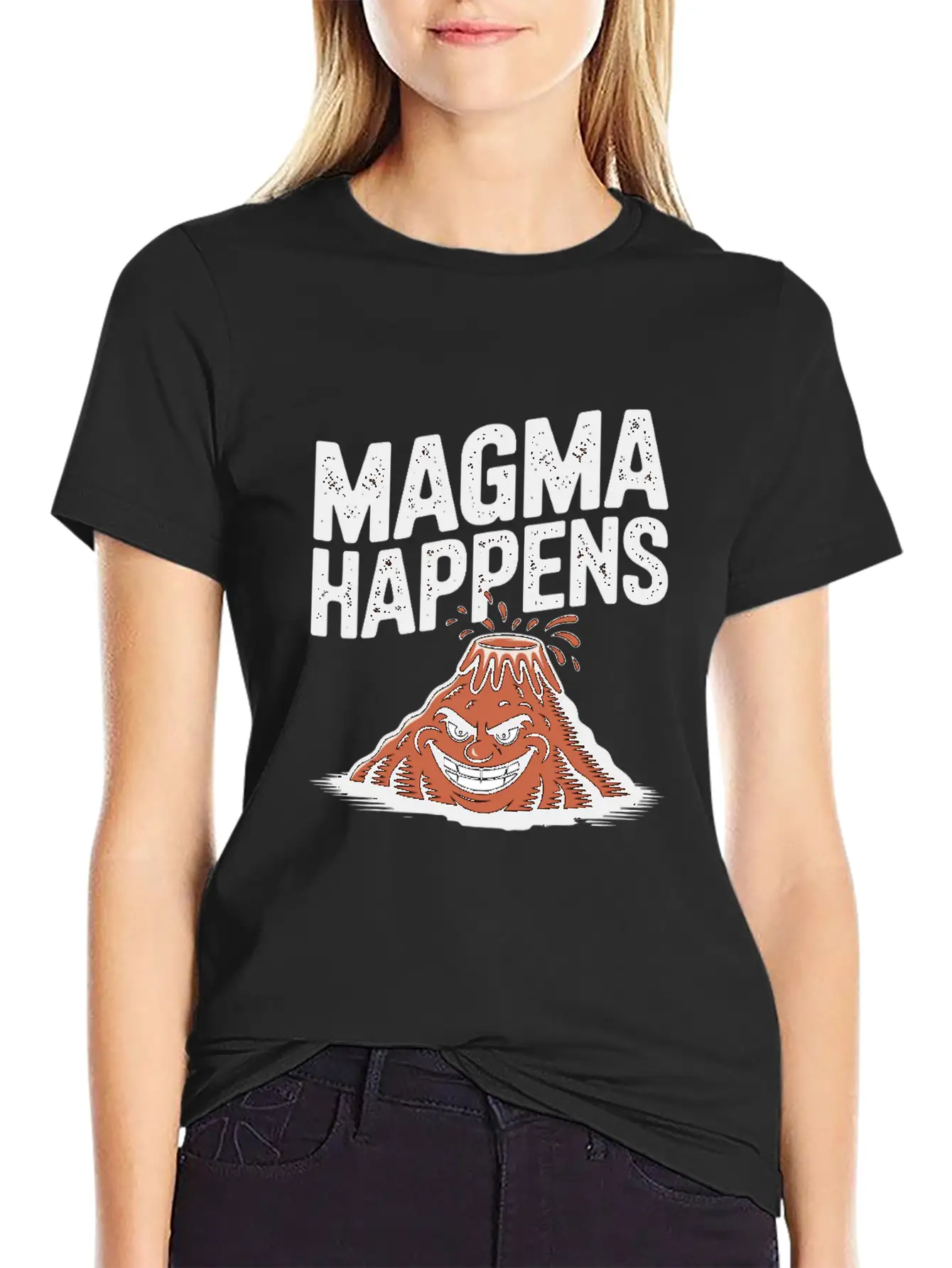 Magma Happens Funny Volcano Cartoon Stylish Everyday T-Shirt – Unisex Basic Cotton Tee