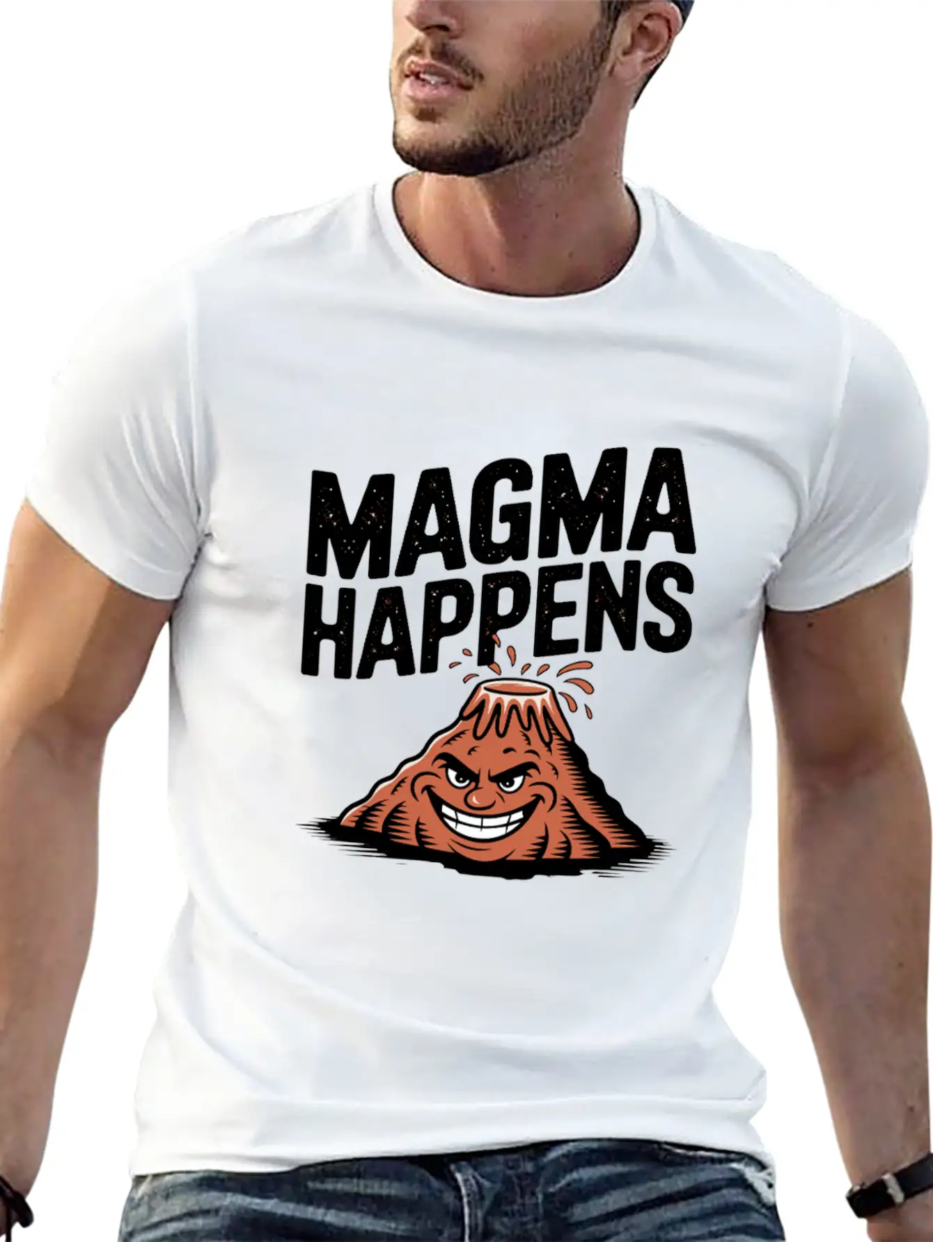 Magma Happens Funny Volcano Cartoon Stylish Everyday T-Shirt – Unisex Basic Cotton Tee