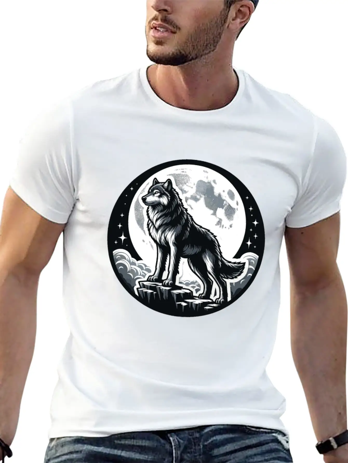 Majestic Moonlit Wolf Illustration Unisex Casual T-Shirt – Clean Design For Daily Comfort