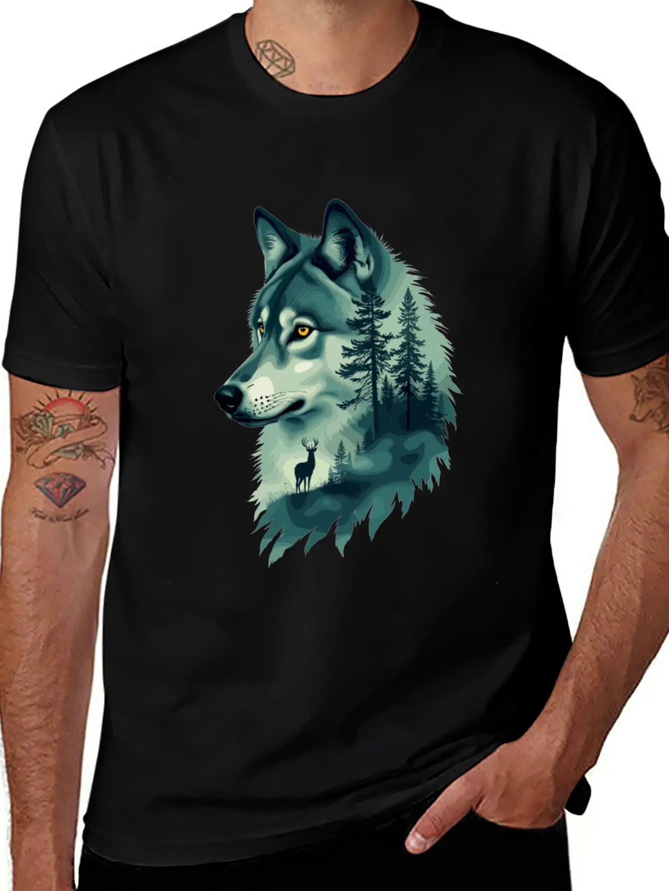 Majestic Wolf And Deer Nature Art Basic Graphic T-Shirt – Daily Comfort In Soft Cotton