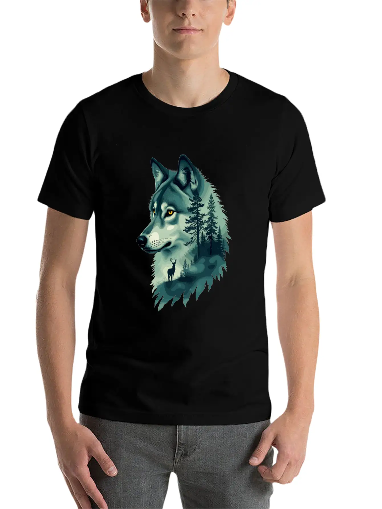 Majestic Wolf And Deer Nature Art Basic Graphic T-Shirt – Daily Comfort In Soft Cotton