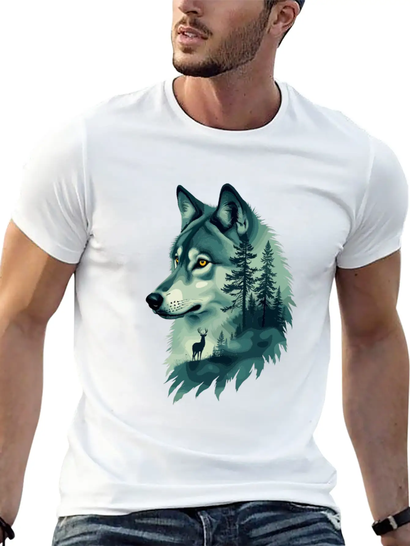 Majestic Wolf And Deer Nature Art Basic Graphic T-Shirt – Daily Comfort In Soft Cotton