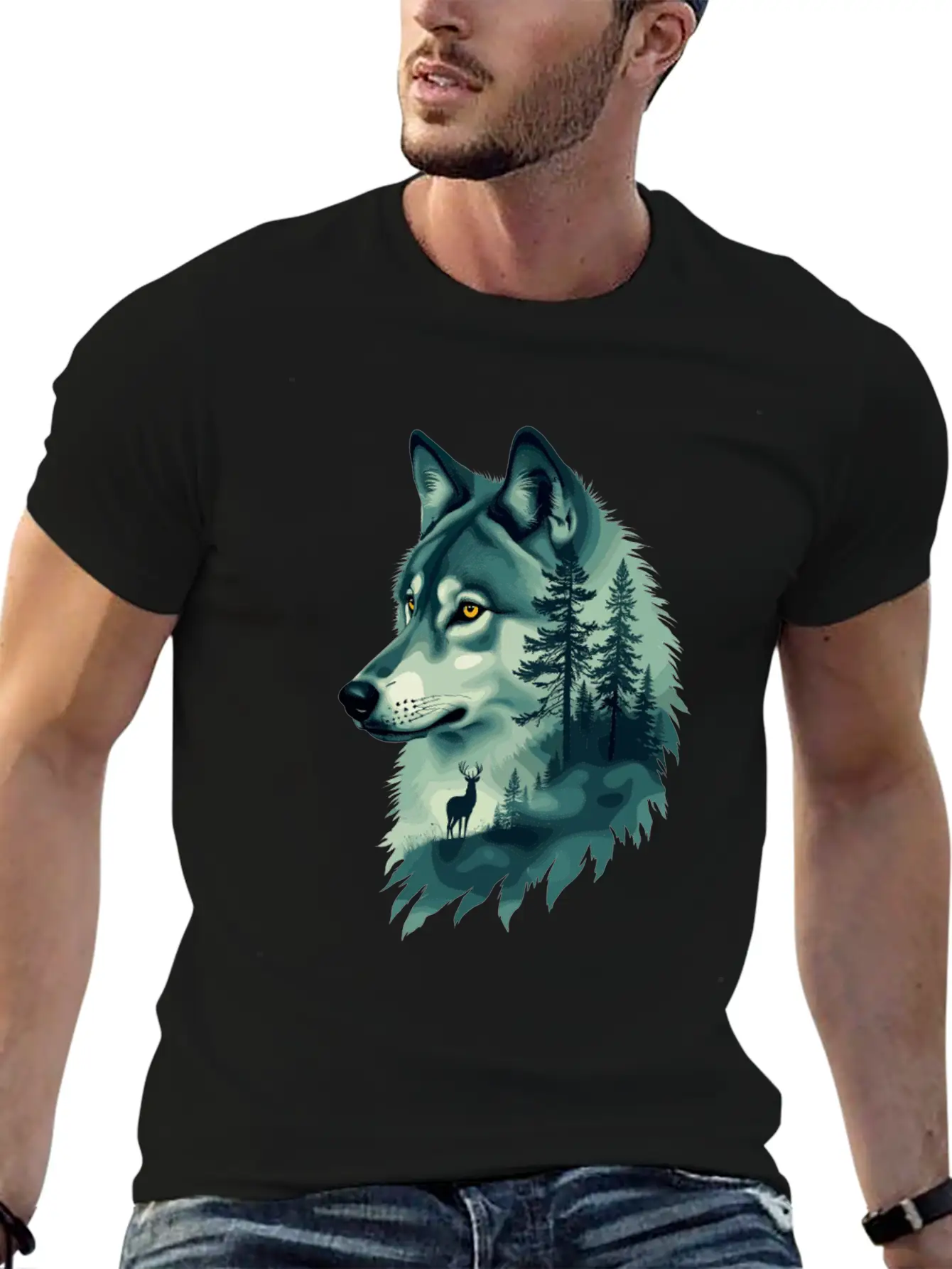 Majestic Wolf And Deer Nature Art Basic Graphic T-Shirt – Daily Comfort In Soft Cotton