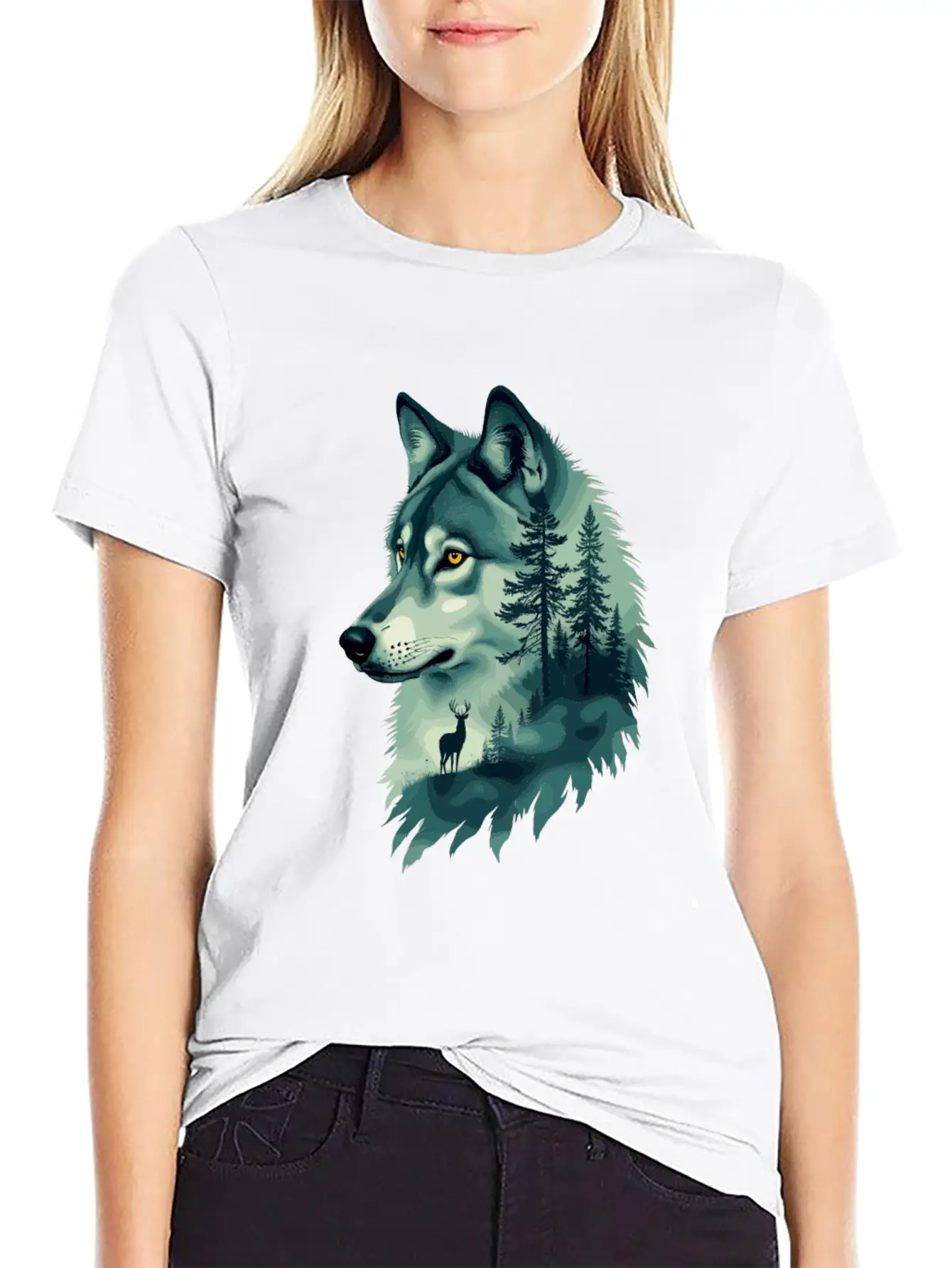 Majestic Wolf And Deer Nature Art Basic Graphic T-Shirt – Daily Comfort In Soft Cotton