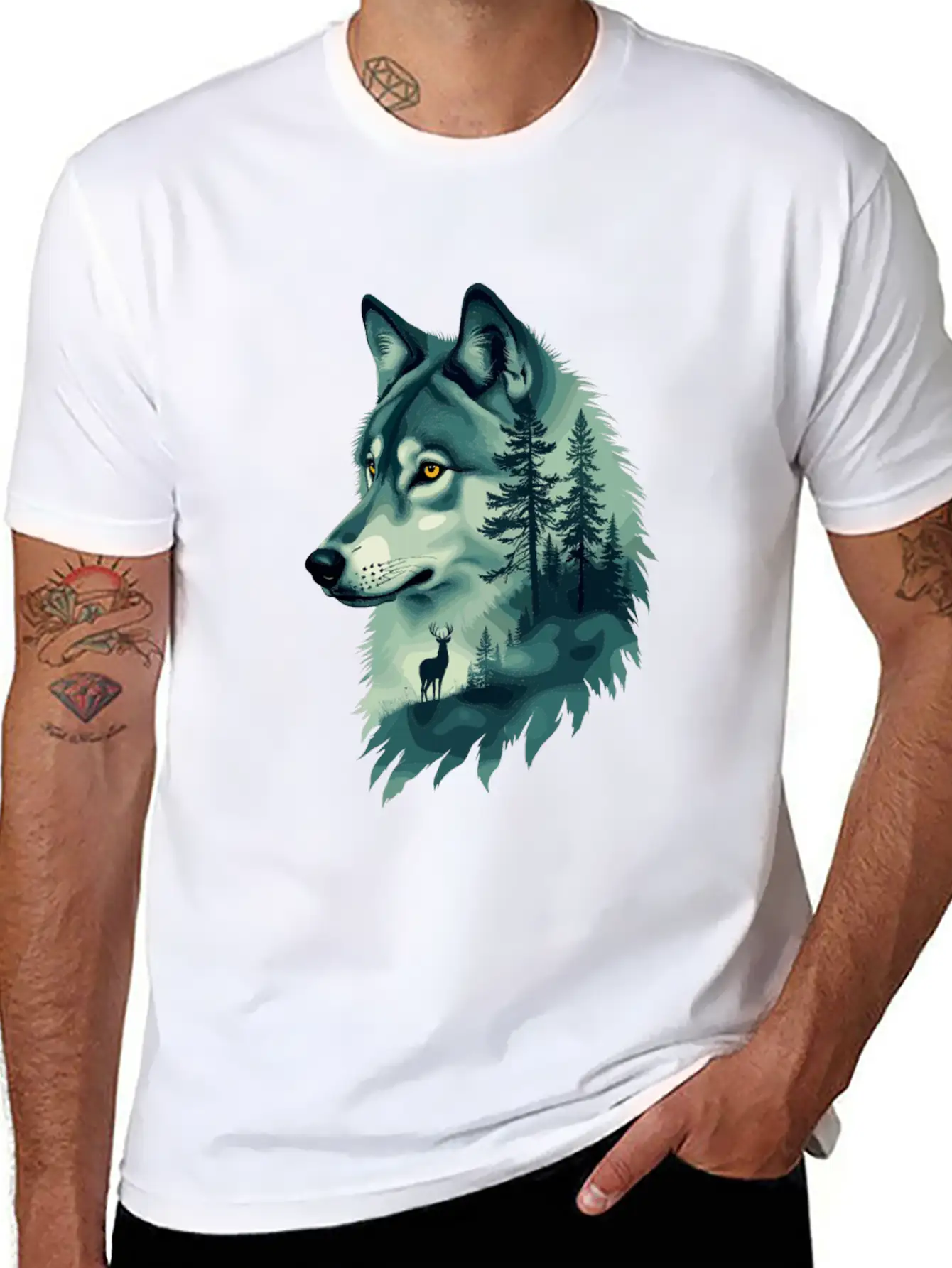 Majestic Wolf And Deer Nature Art Basic Graphic T-Shirt – Daily Comfort In Soft Cotton