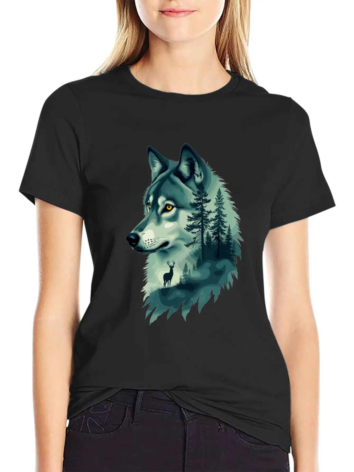Majestic Wolf And Deer Nature Art Basic Graphic T-Shirt – Daily Comfort In Soft Cotton