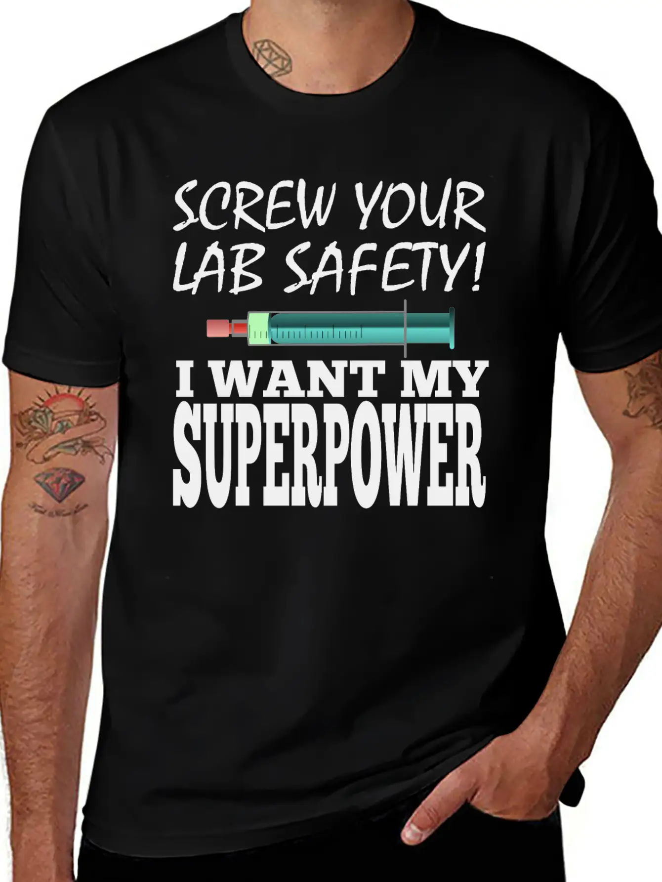 Men Superpower Syringe Health Screw Lab Safety Unisex Short Sleeve Soft Cotton T-Shirt – Casual Everyday Wear