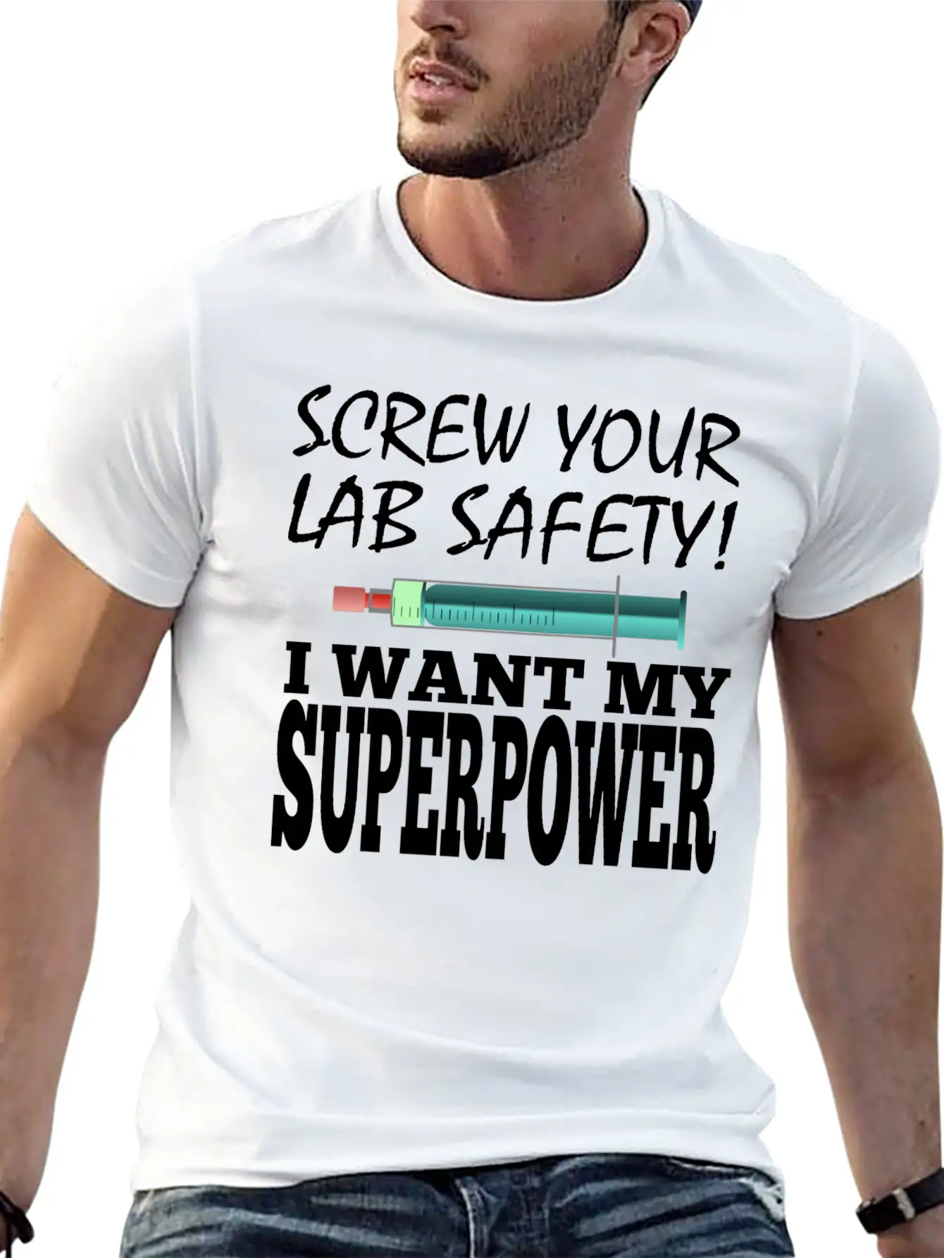 Men Superpower Syringe Health Screw Lab Safety Unisex Short Sleeve Soft Cotton T-Shirt – Casual Everyday Wear
