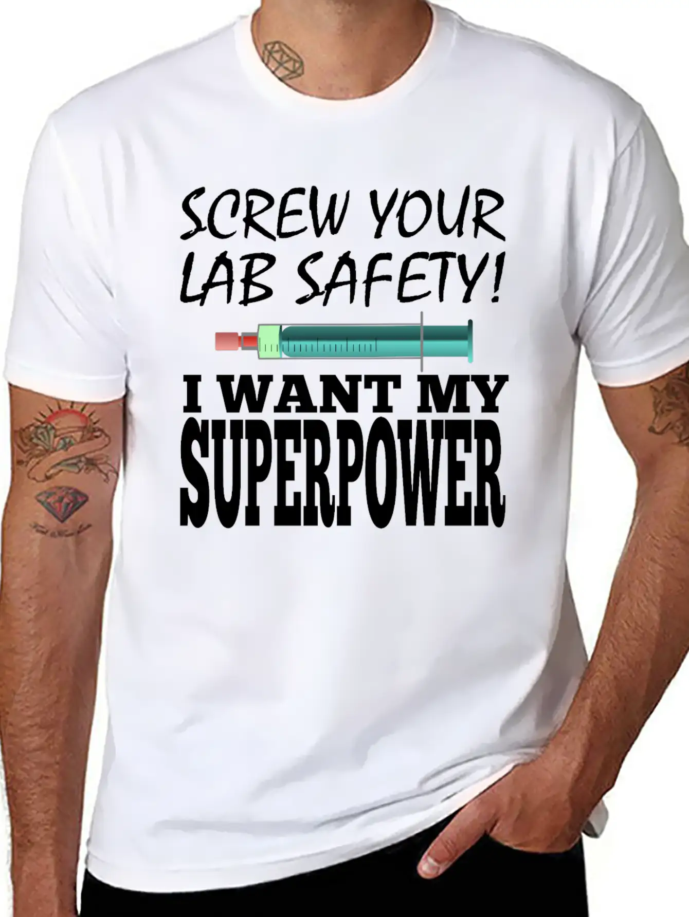 Men Superpower Syringe Health Screw Lab Safety Unisex Short Sleeve Soft Cotton T-Shirt – Casual Everyday Wear