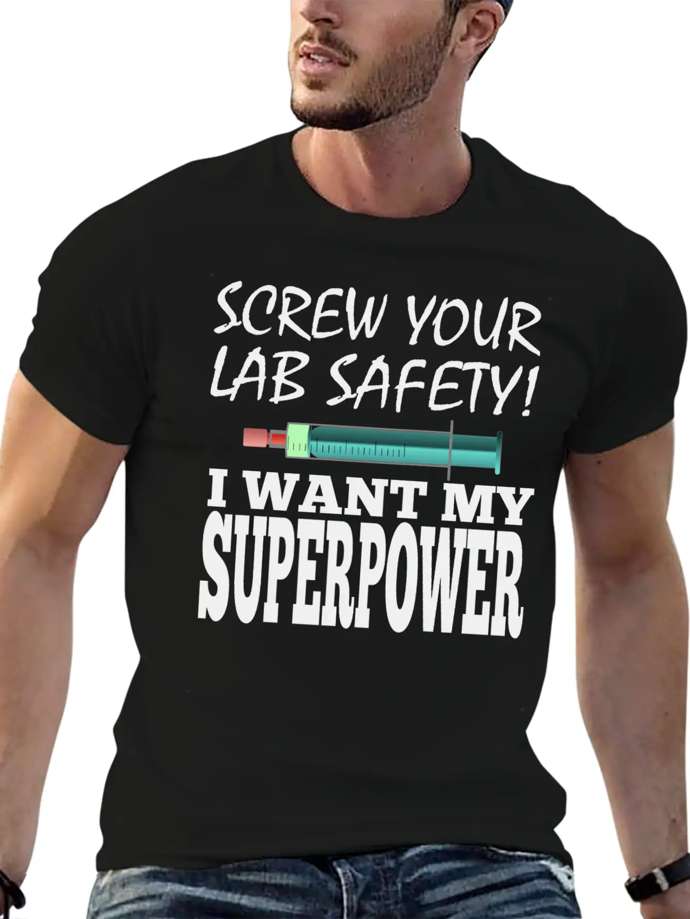 Men Superpower Syringe Health Screw Lab Safety Unisex Short Sleeve Soft Cotton T-Shirt – Casual Everyday Wear
