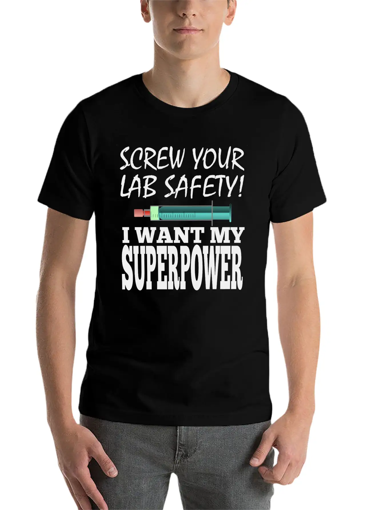 Men Superpower Syringe Health Screw Lab Safety Unisex Short Sleeve Soft Cotton T-Shirt – Casual Everyday Wear