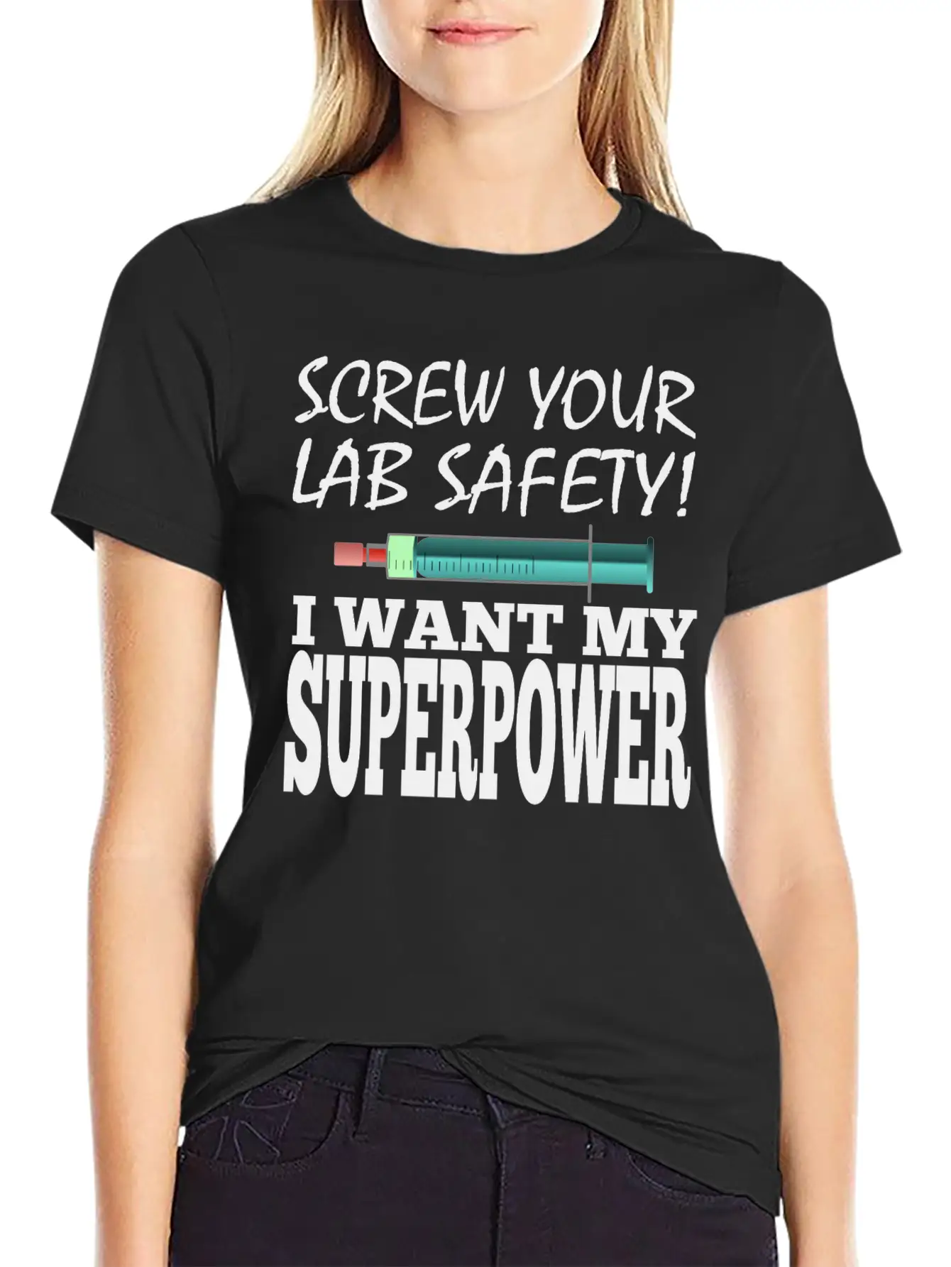 Men Superpower Syringe Health Screw Lab Safety Unisex Short Sleeve Soft Cotton T-Shirt – Casual Everyday Wear