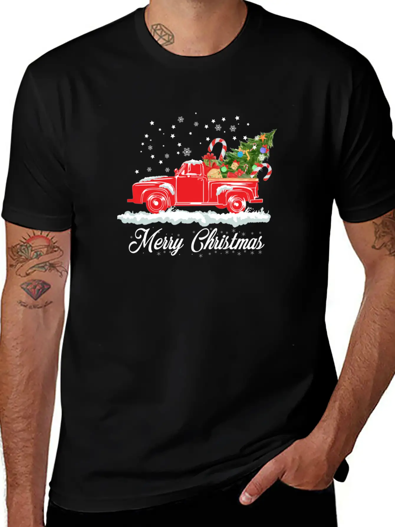 Merry Christmas Retro Vintage Red Truck Tree Xmas Stylish Everyday T-Shirt – Unisex Basic Cotton Tee