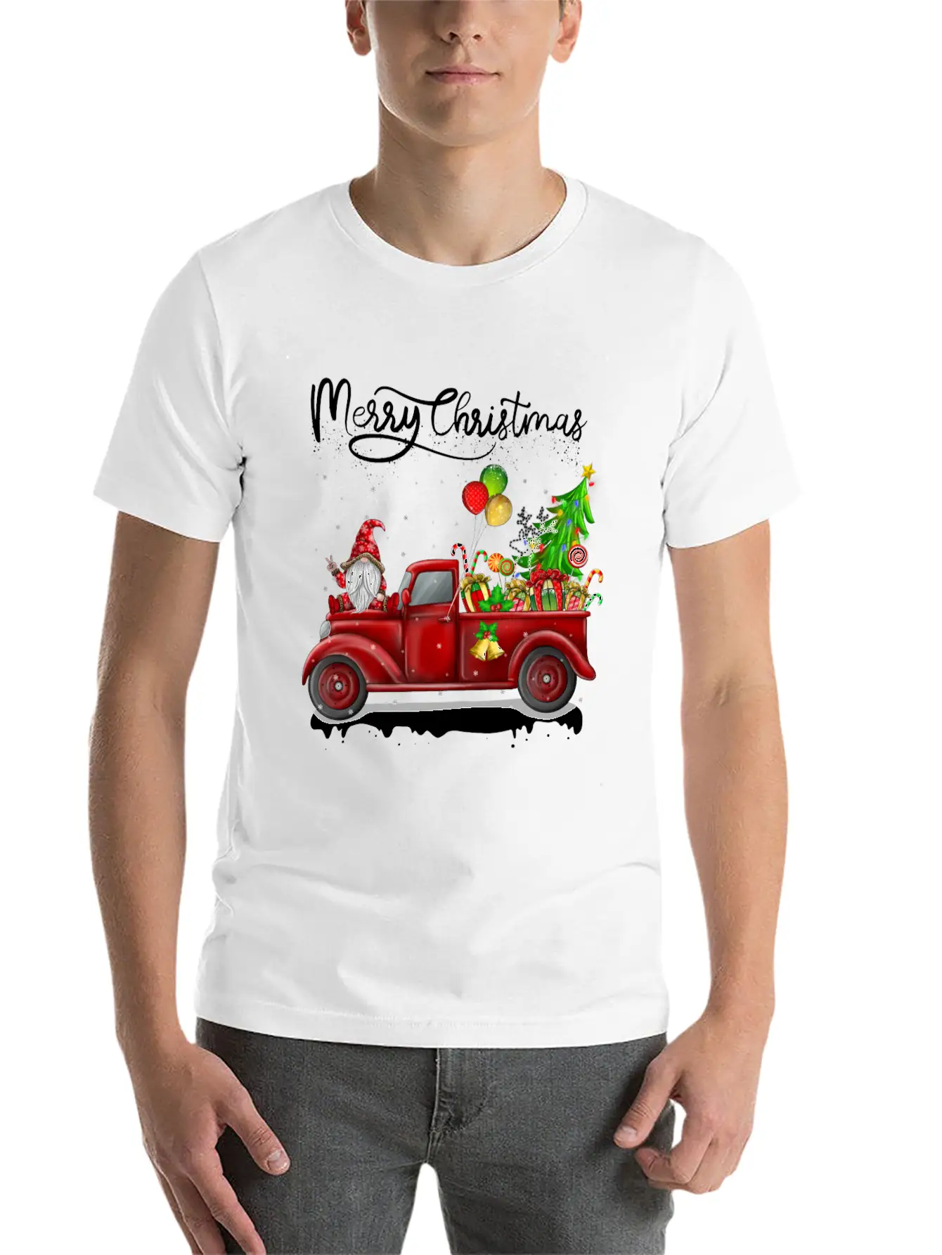 Merry Christmas Vintage Red Truck Gnome Unisex Short Sleeve Soft Cotton T-Shirt – Casual Everyday Wear