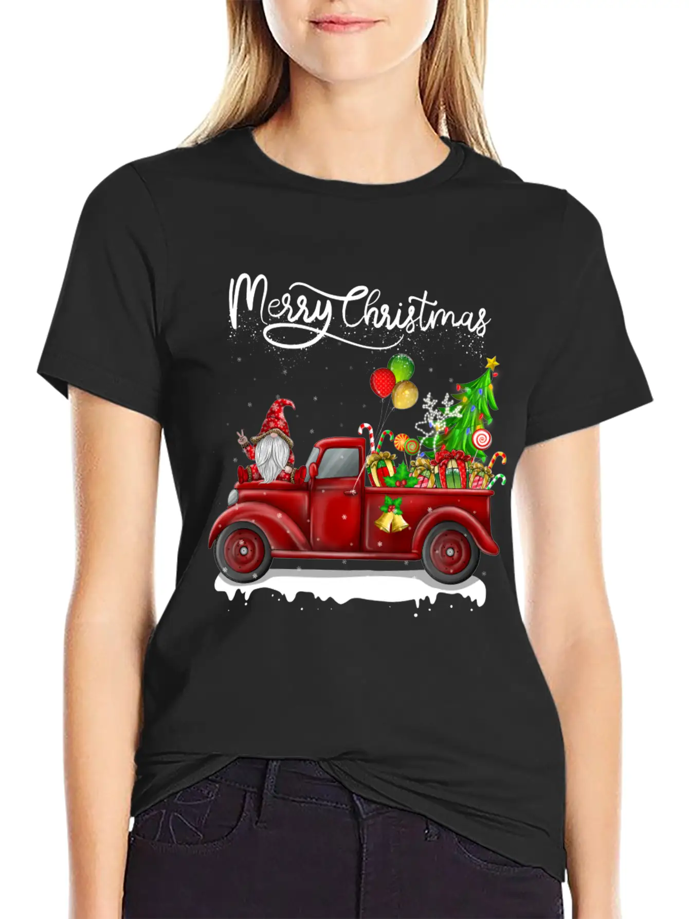 Merry Christmas Vintage Red Truck Gnome Unisex Short Sleeve Soft Cotton T-Shirt – Casual Everyday Wear
