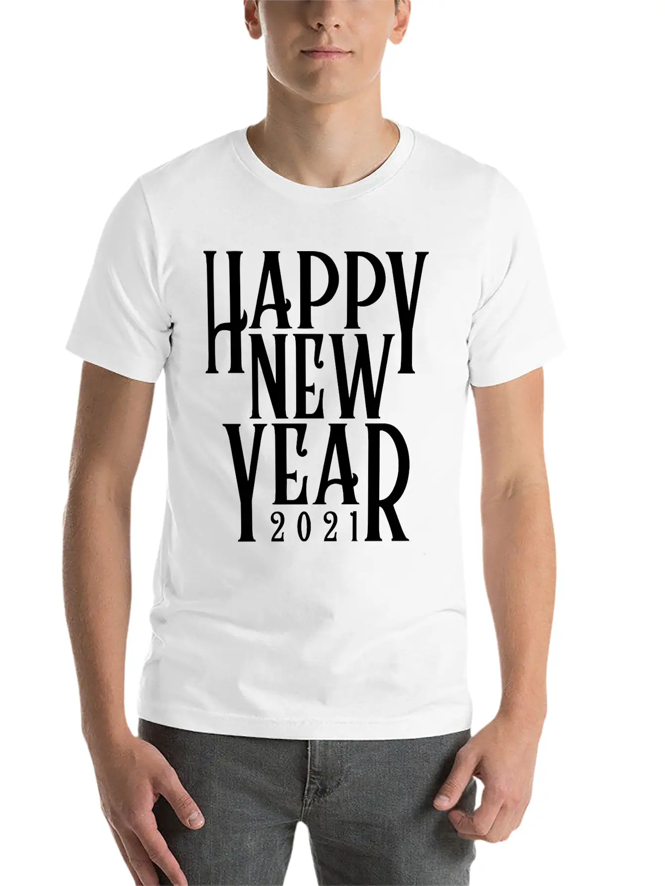 Metallic Gold Print Happy New Year 2021 Unisex Short Sleeve Soft Cotton T-Shirt – Casual Everyday Wear