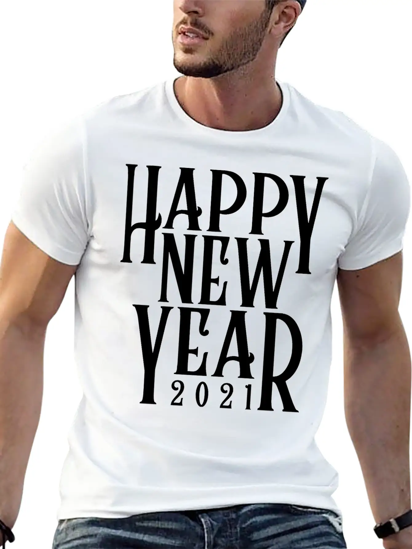 Metallic Gold Print Happy New Year 2021 Unisex Short Sleeve Soft Cotton T-Shirt – Casual Everyday Wear