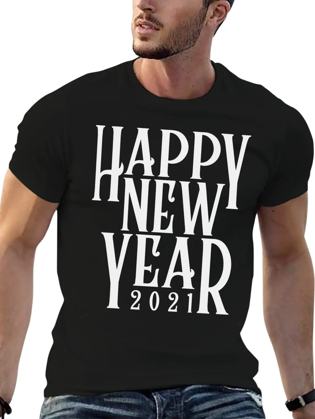 Metallic Gold Print Happy New Year 2021 Unisex Short Sleeve Soft Cotton T-Shirt – Casual Everyday Wear