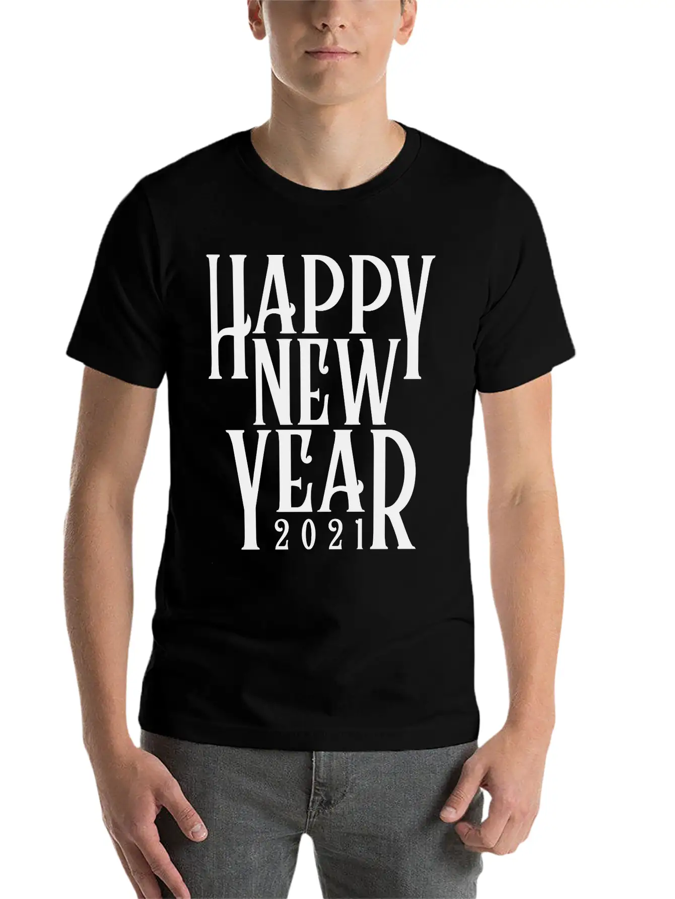 Metallic Gold Print Happy New Year 2021 Unisex Short Sleeve Soft Cotton T-Shirt – Casual Everyday Wear