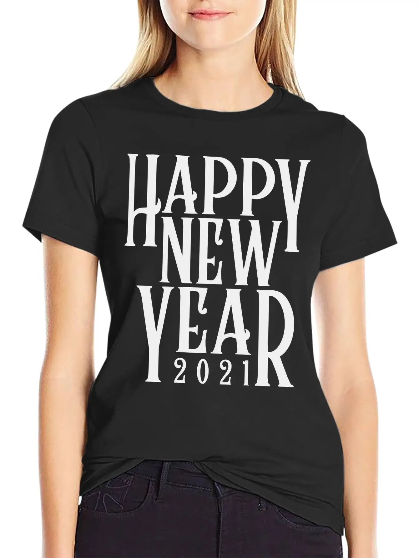 Metallic Gold Print Happy New Year 2021 Unisex Short Sleeve Soft Cotton T-Shirt – Casual Everyday Wear