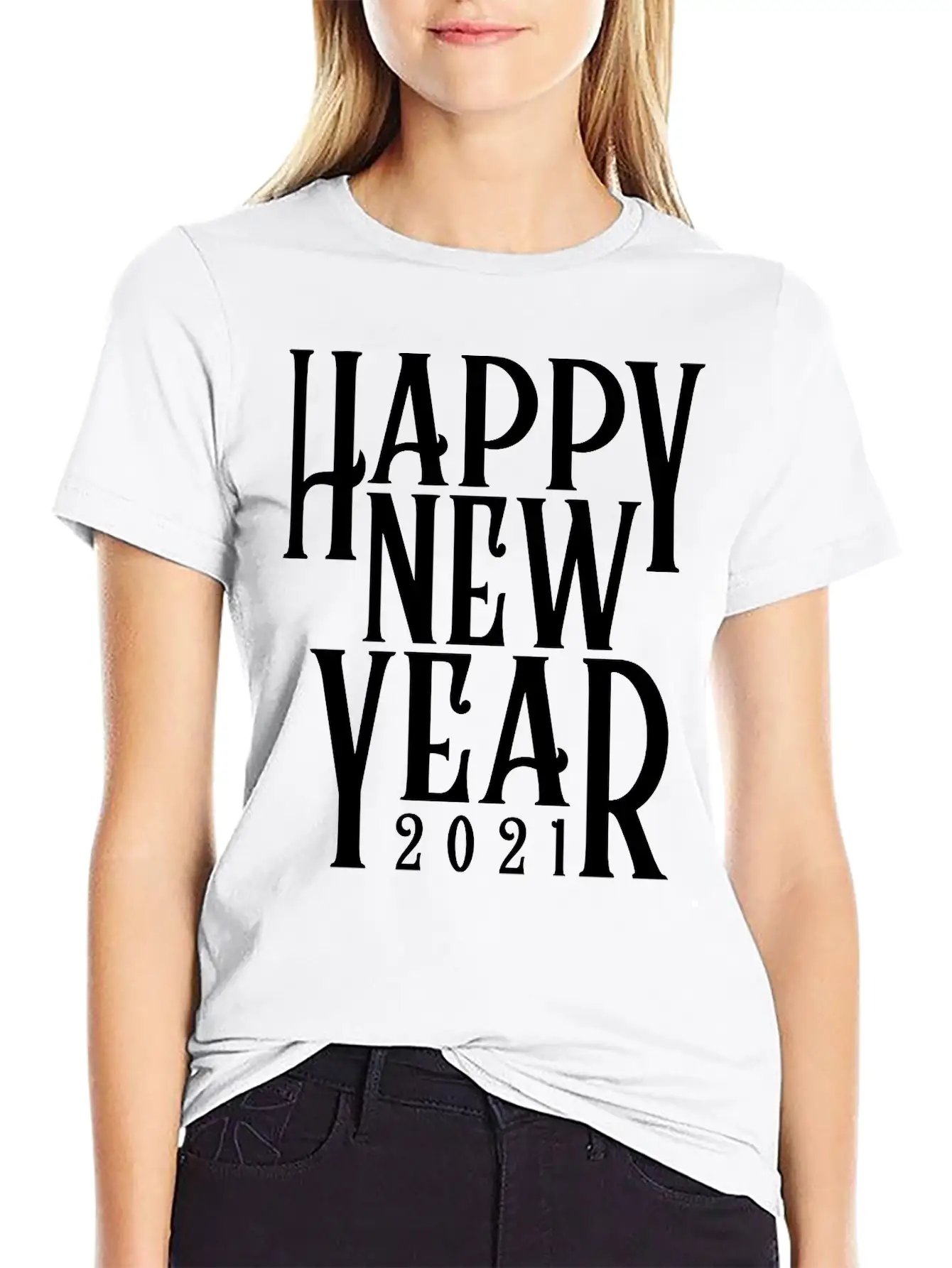 Metallic Gold Print Happy New Year 2021 Unisex Short Sleeve Soft Cotton T-Shirt – Casual Everyday Wear