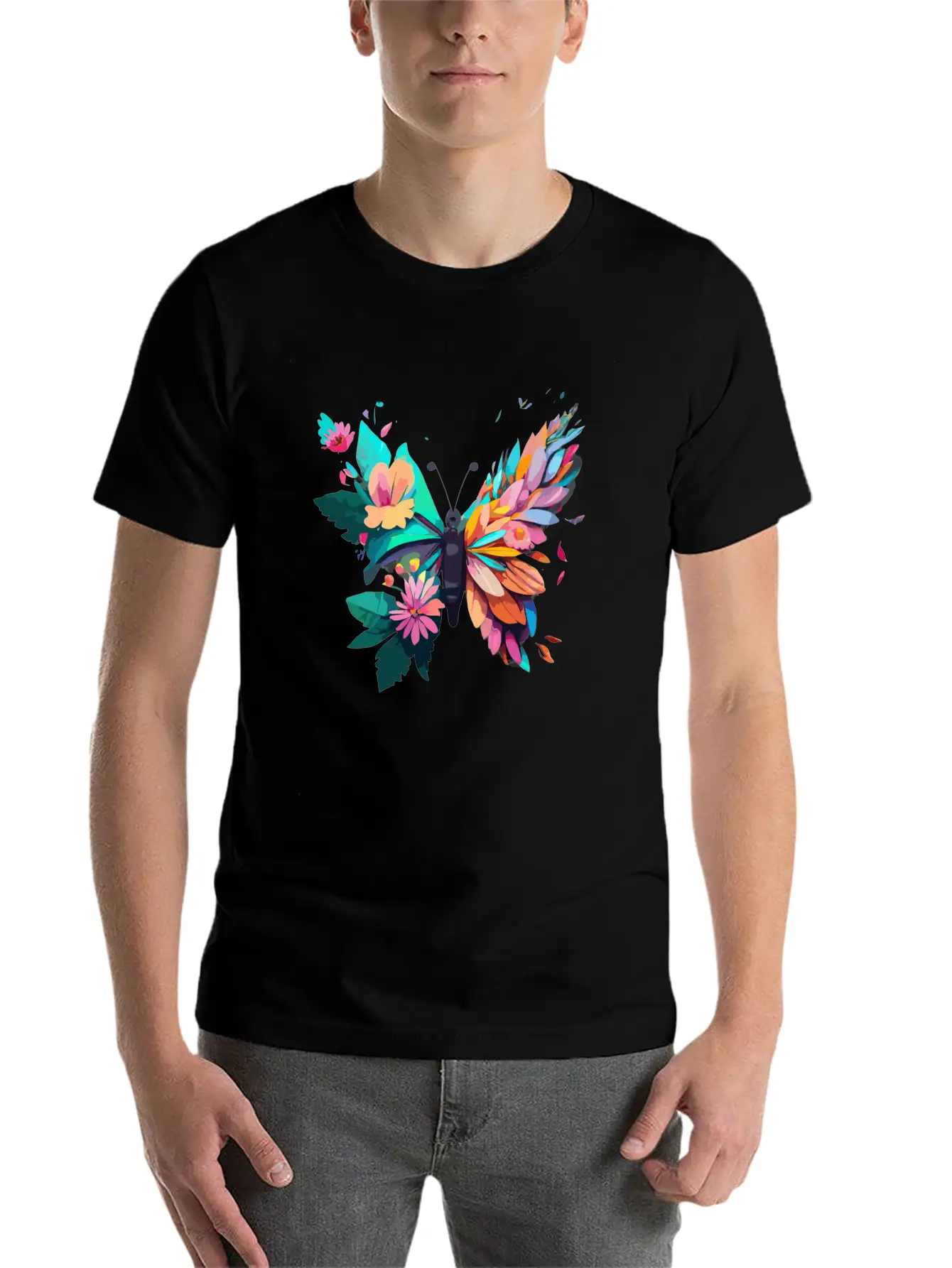 Metamorphora Butterfly Nature Flowers Branches Unisex Short Sleeve Soft Cotton T-Shirt – Casual Everyday Wear
