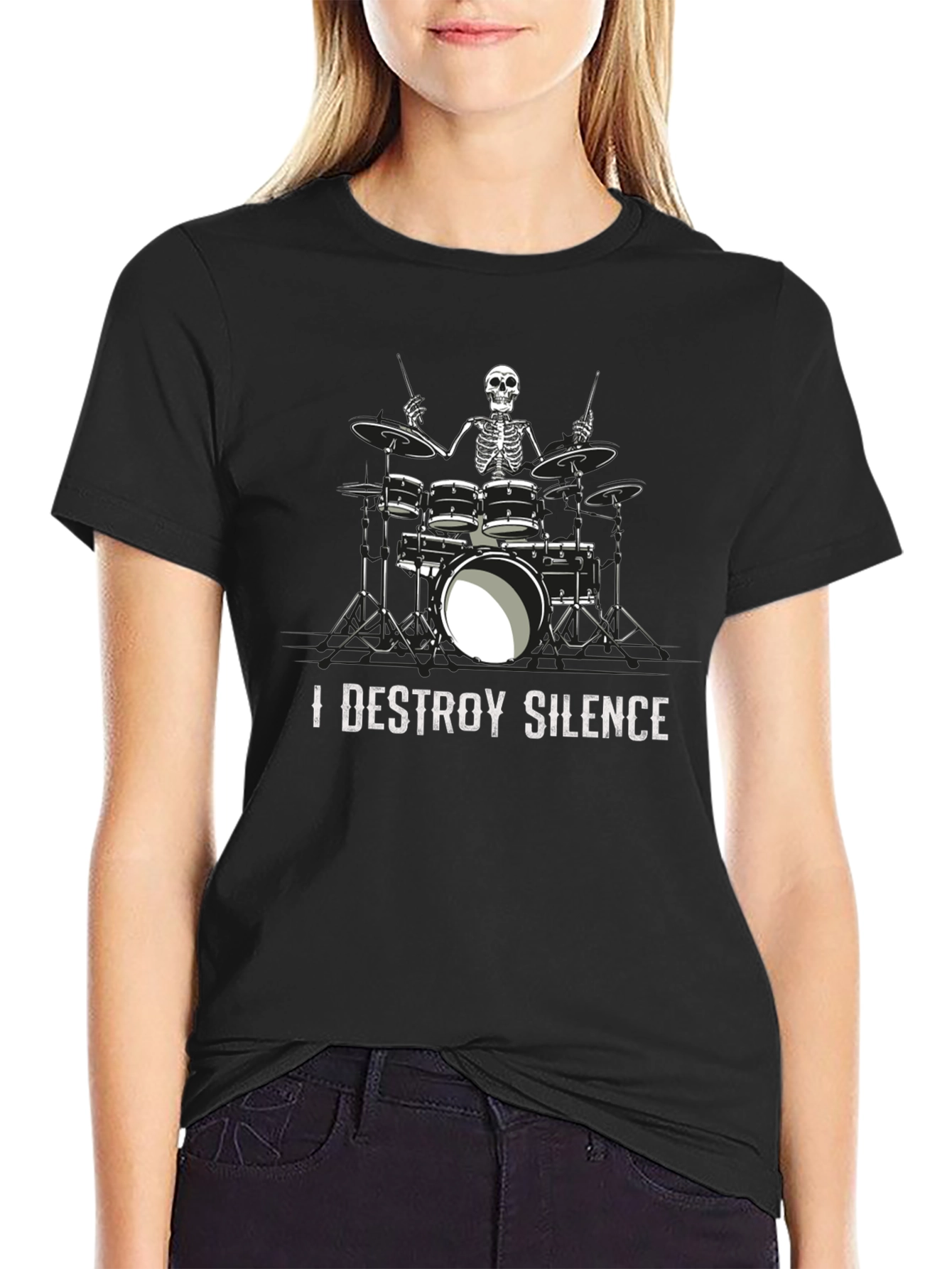 I Destroy Silence Skeleton Drummer Graphic Tee