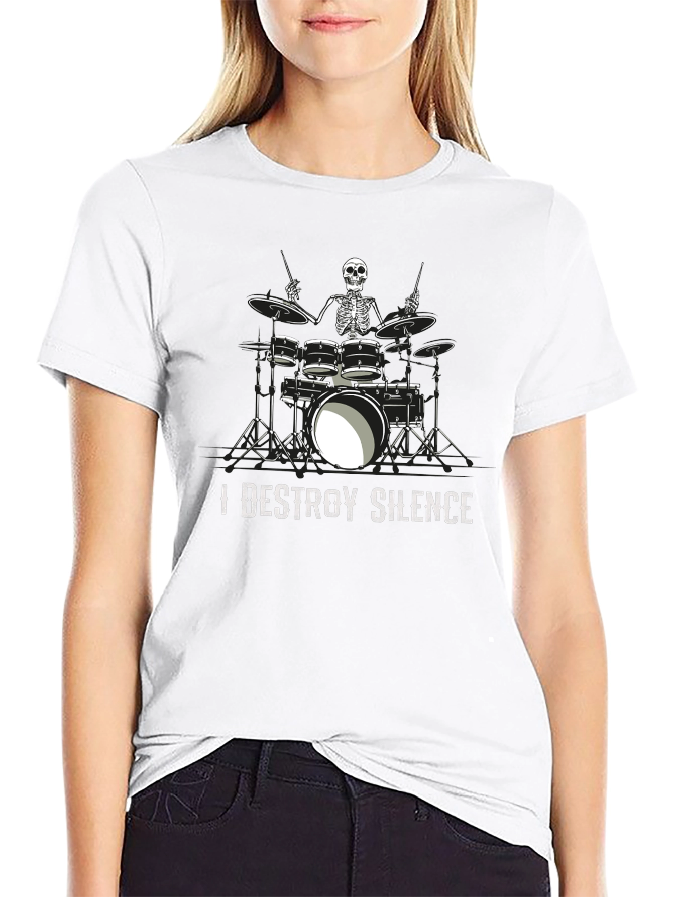 I Destroy Silence Skeleton Drummer Graphic Tee