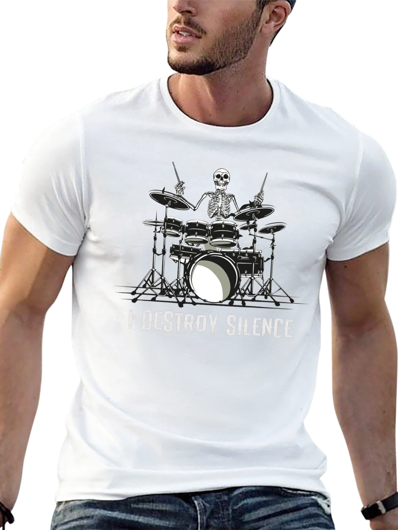 I Destroy Silence Skeleton Drummer Graphic Tee