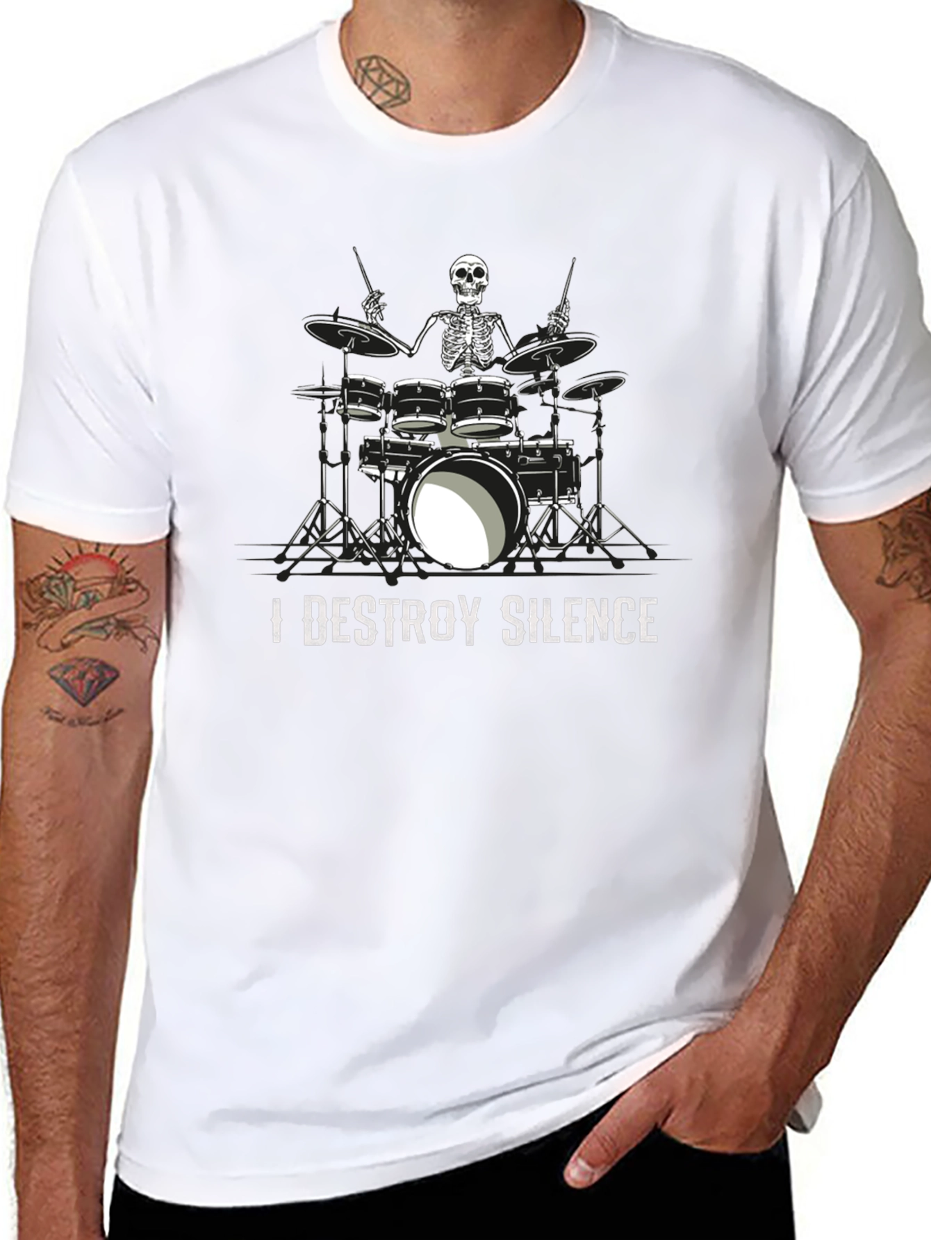 I Destroy Silence Skeleton Drummer Graphic Tee