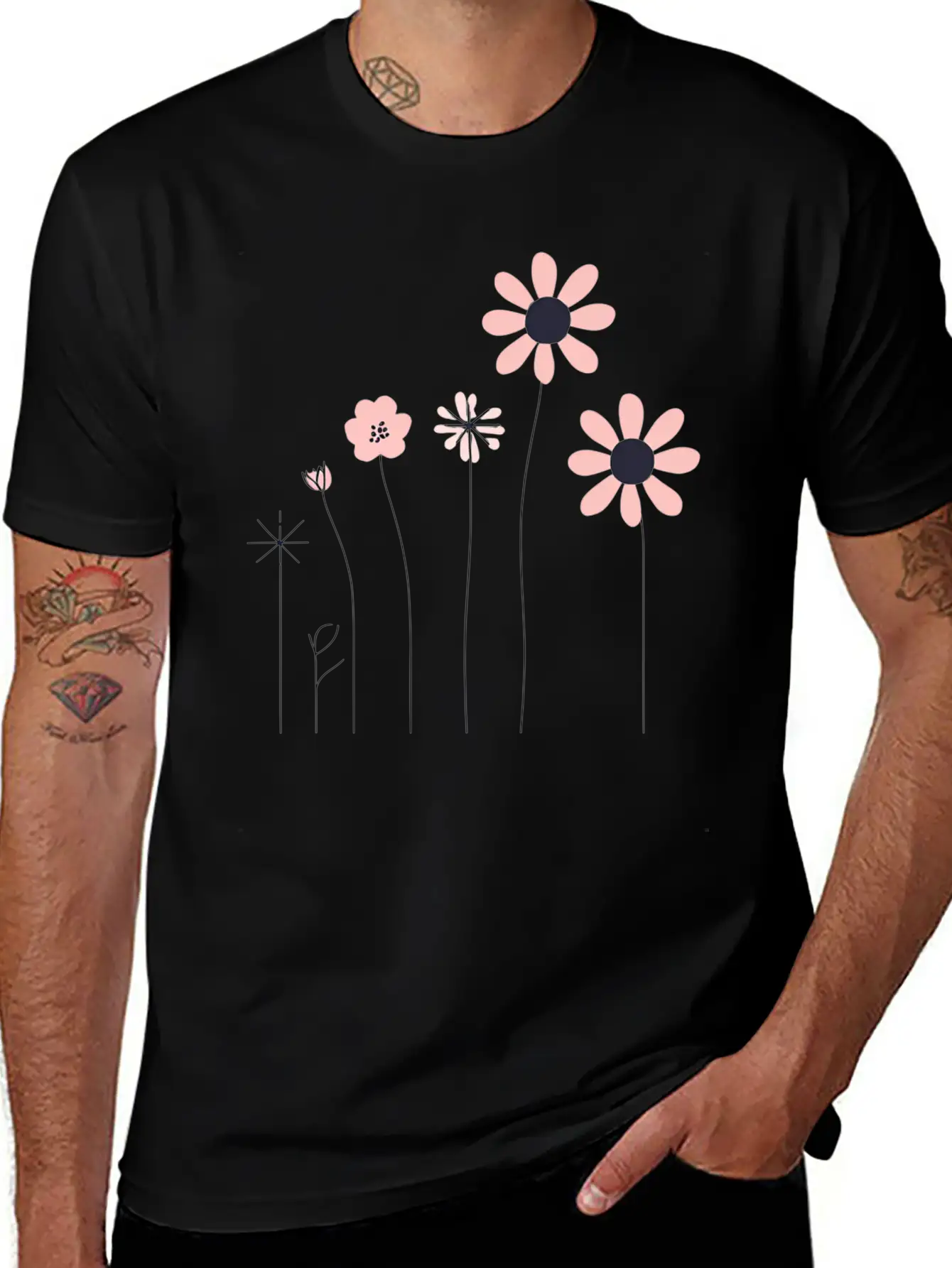 Minimalist Hand-Drawn Floral Line Art Design Unisex Short Sleeve Soft Cotton T-Shirt – Casual Everyday Wear
